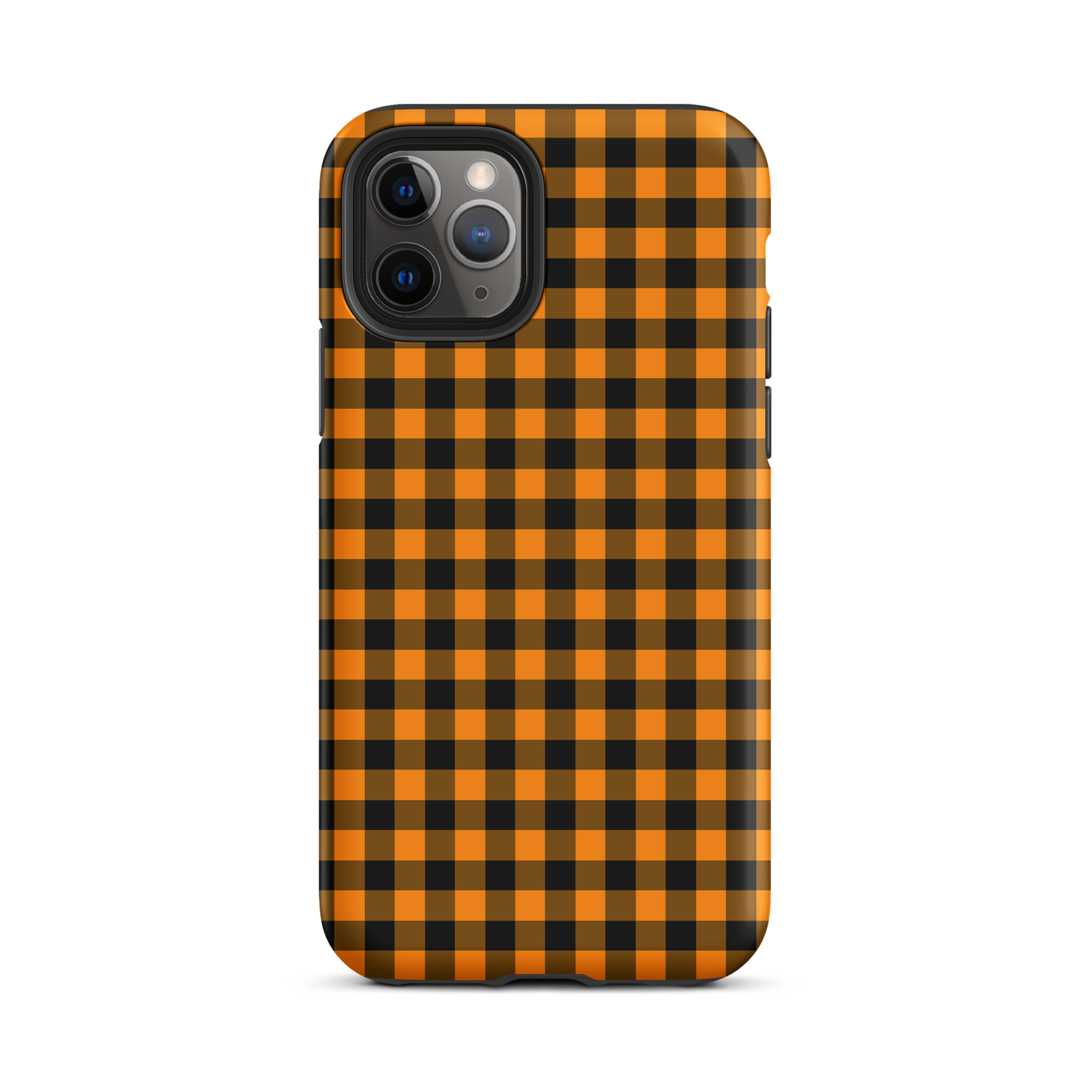 Black-and-orange gingham phone case for iPhone with autumn theme design, combining stylish charm with durable craftsmanship.