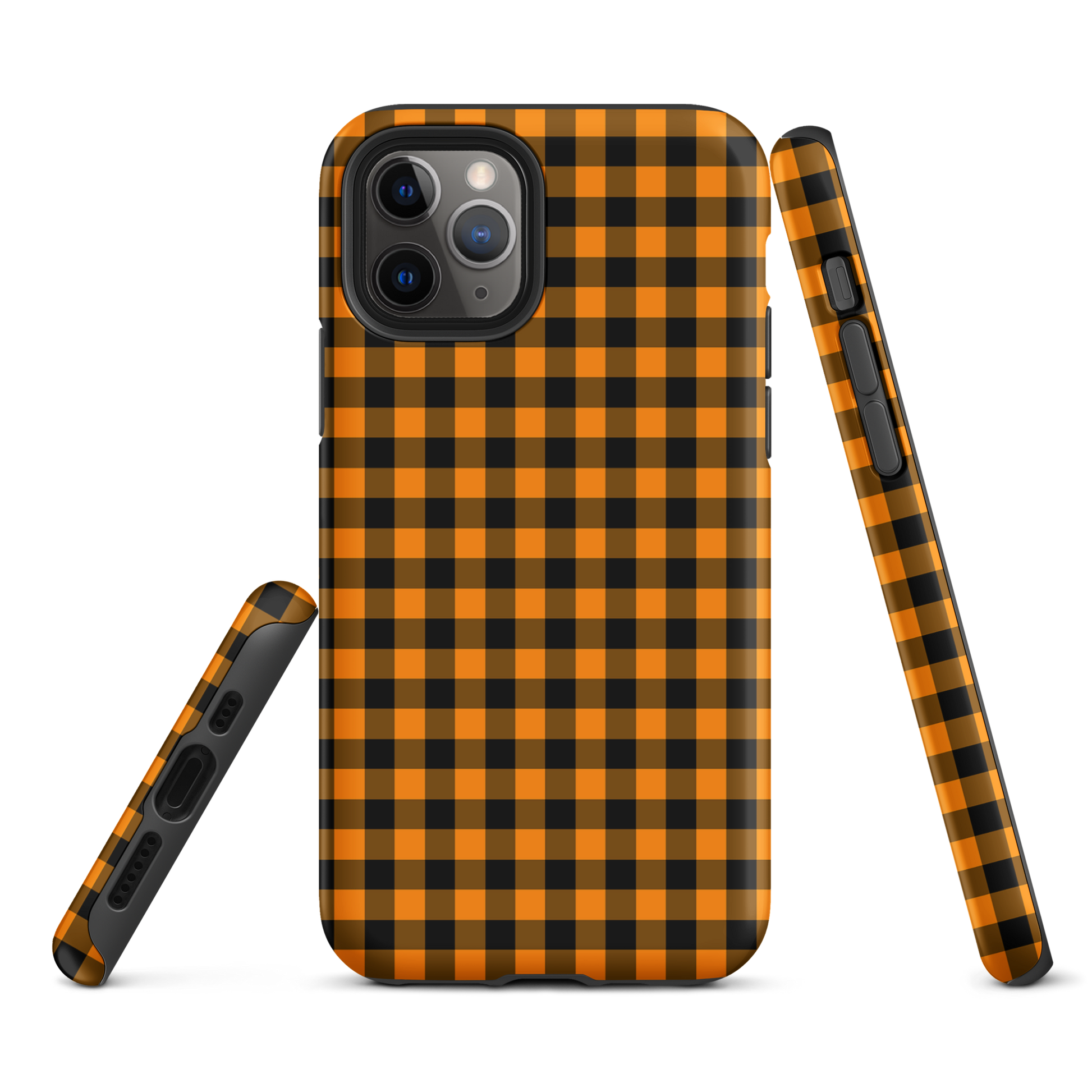 Black-and-orange gingham phone case for iPhone with autumn theme and durable design; combines charm and luxury.