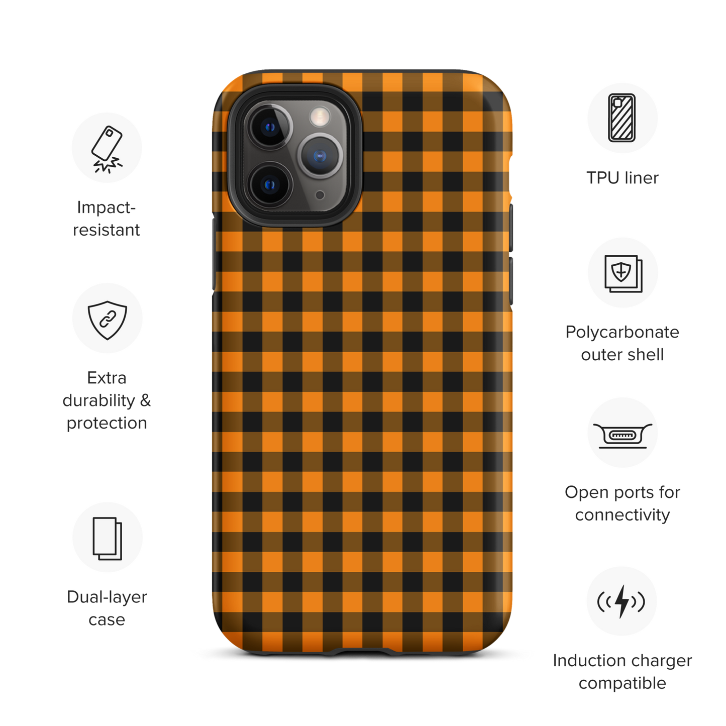Black-and-orange gingham phone case for iPhone with Autumn theme and durability features.
