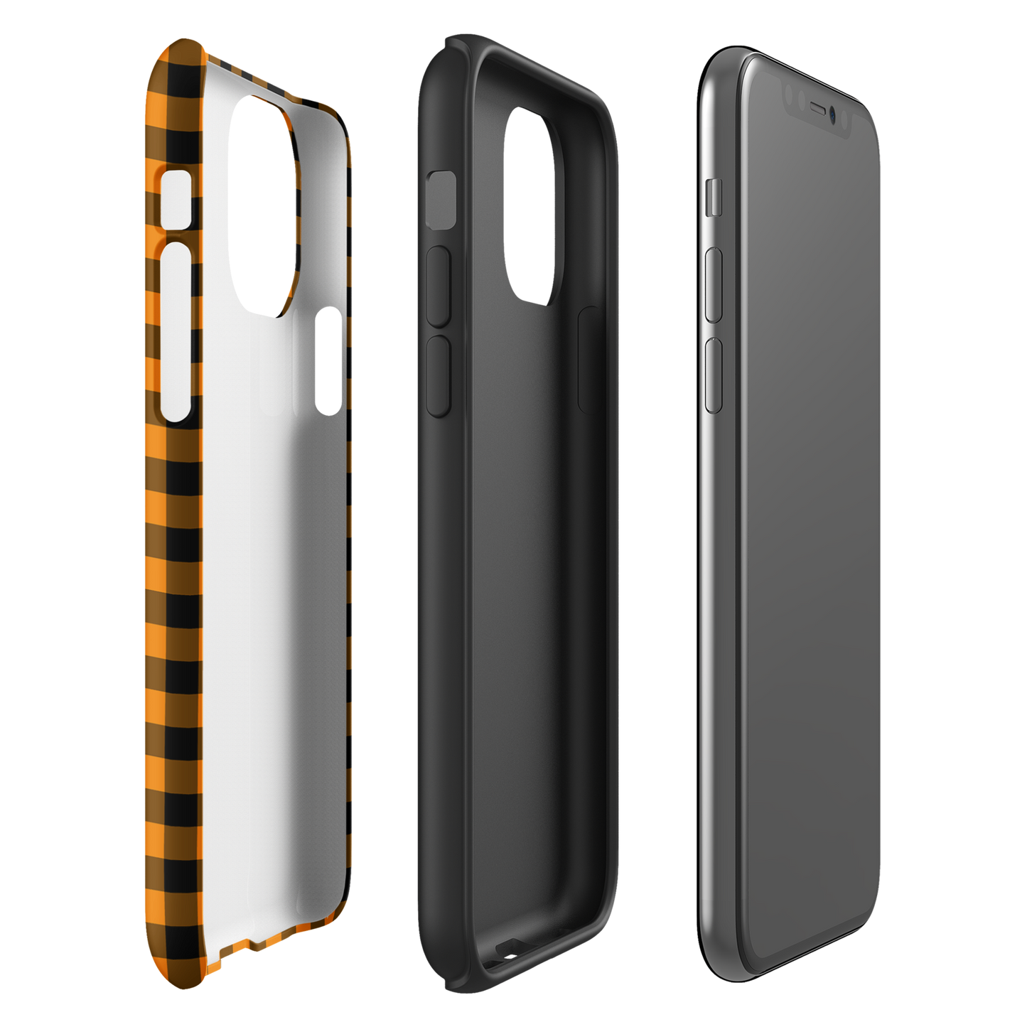 Black and orange gingham Autumn themed phone case for iPhone, showcasing stylish design and durability. Perfect accessory for device protection.