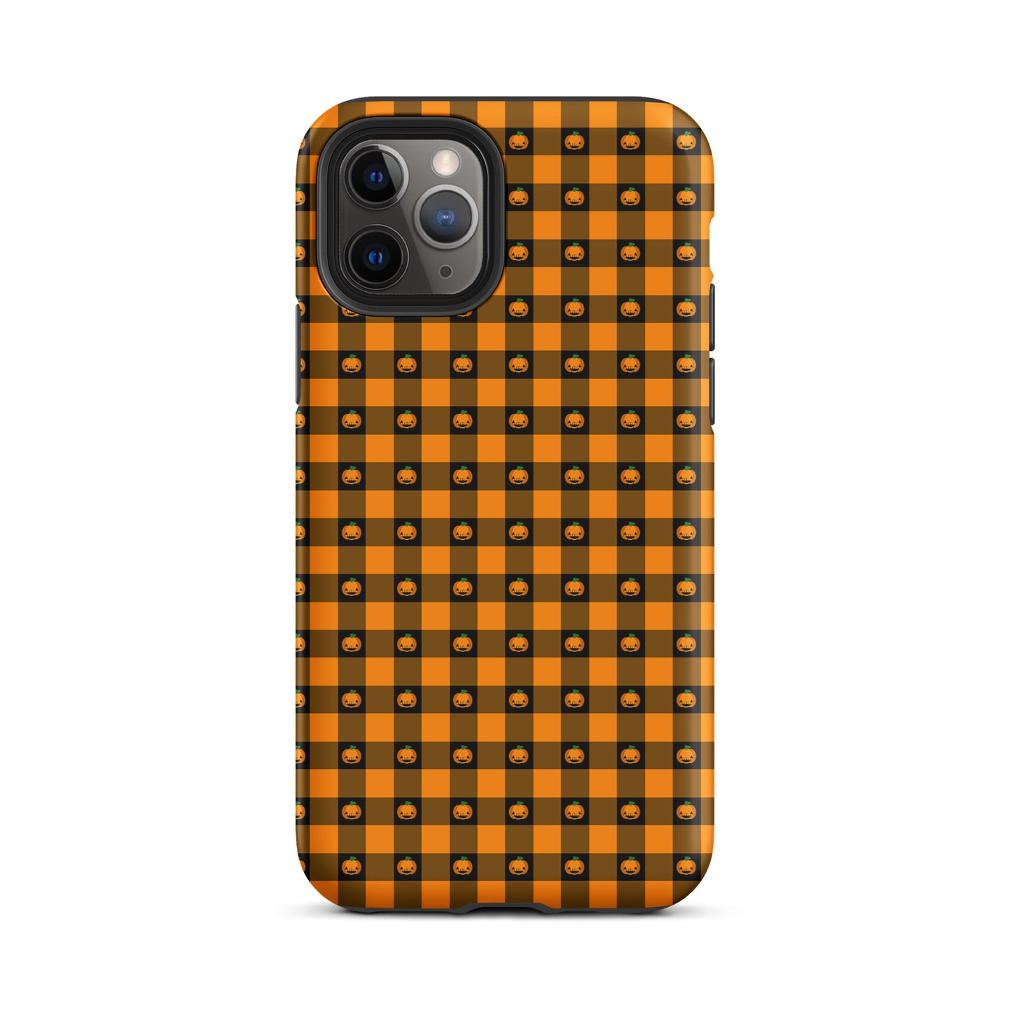 Phone Case for iPhone with playful pumpkin gingham Halloween design, featuring jack-o’-lantern faces on an orange checkered pattern.