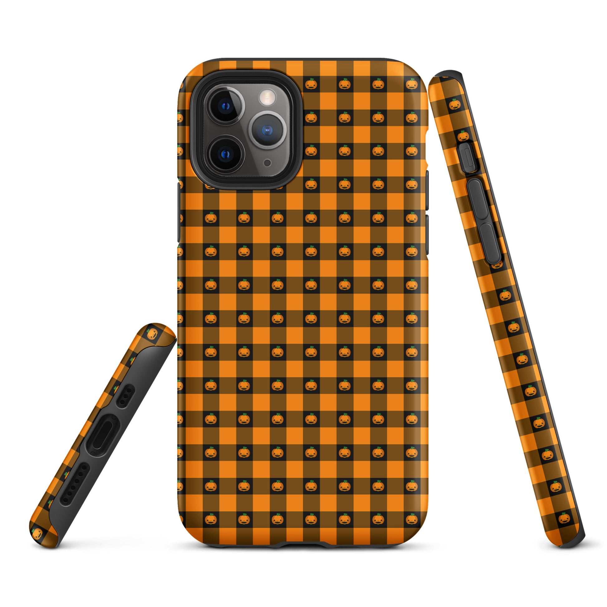 Phone Case for iPhone with Halloween pumpkin gingham design, featuring jack-o'-lanterns on a festive seasonal cover.