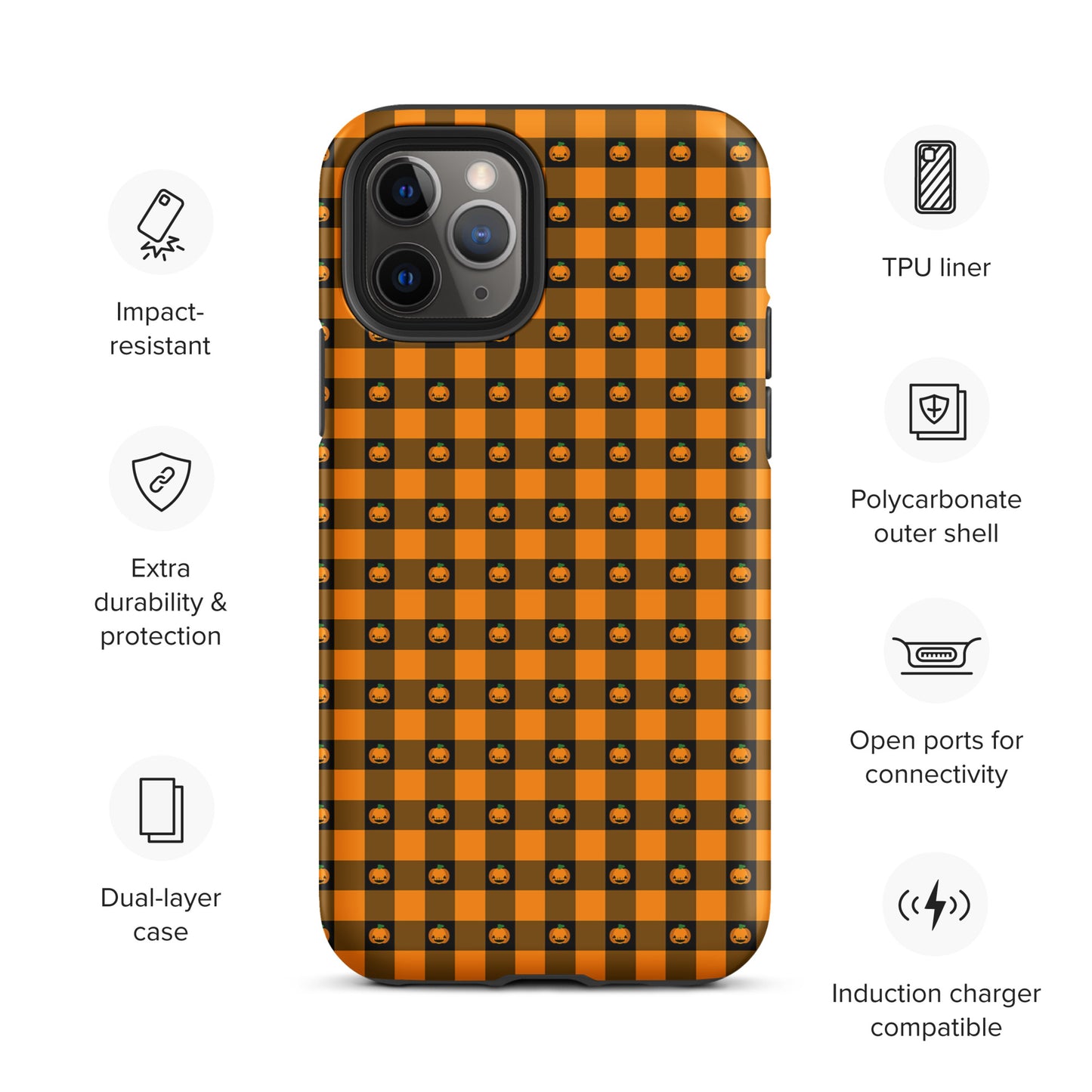 Phone Case for iPhone - Playful Pumpkin Gingham Halloween Design with impact-resistant and induction charger compatible features
