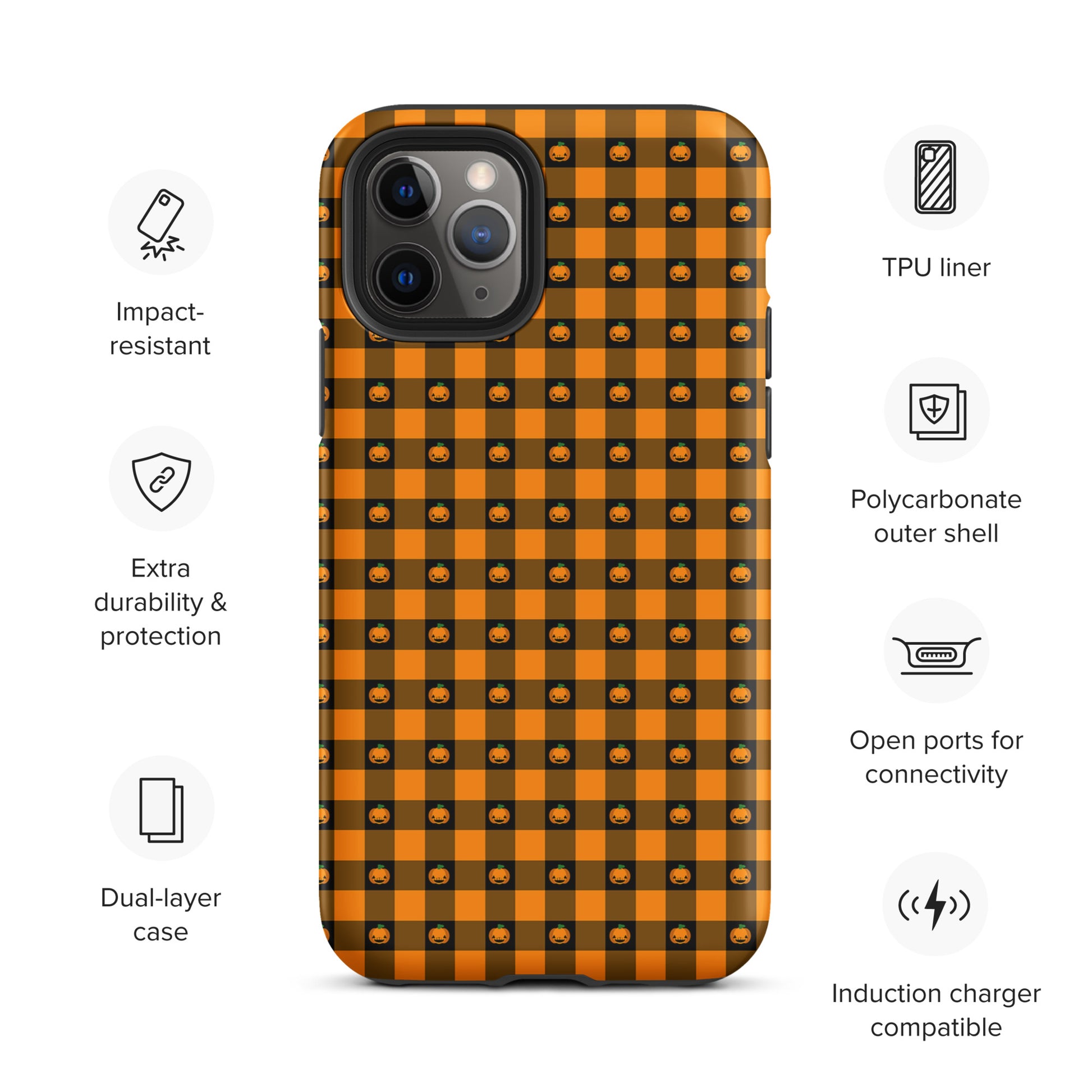 Phone Case for iPhone - Playful Pumpkin Gingham Halloween Design with impact-resistant and induction charger compatible features