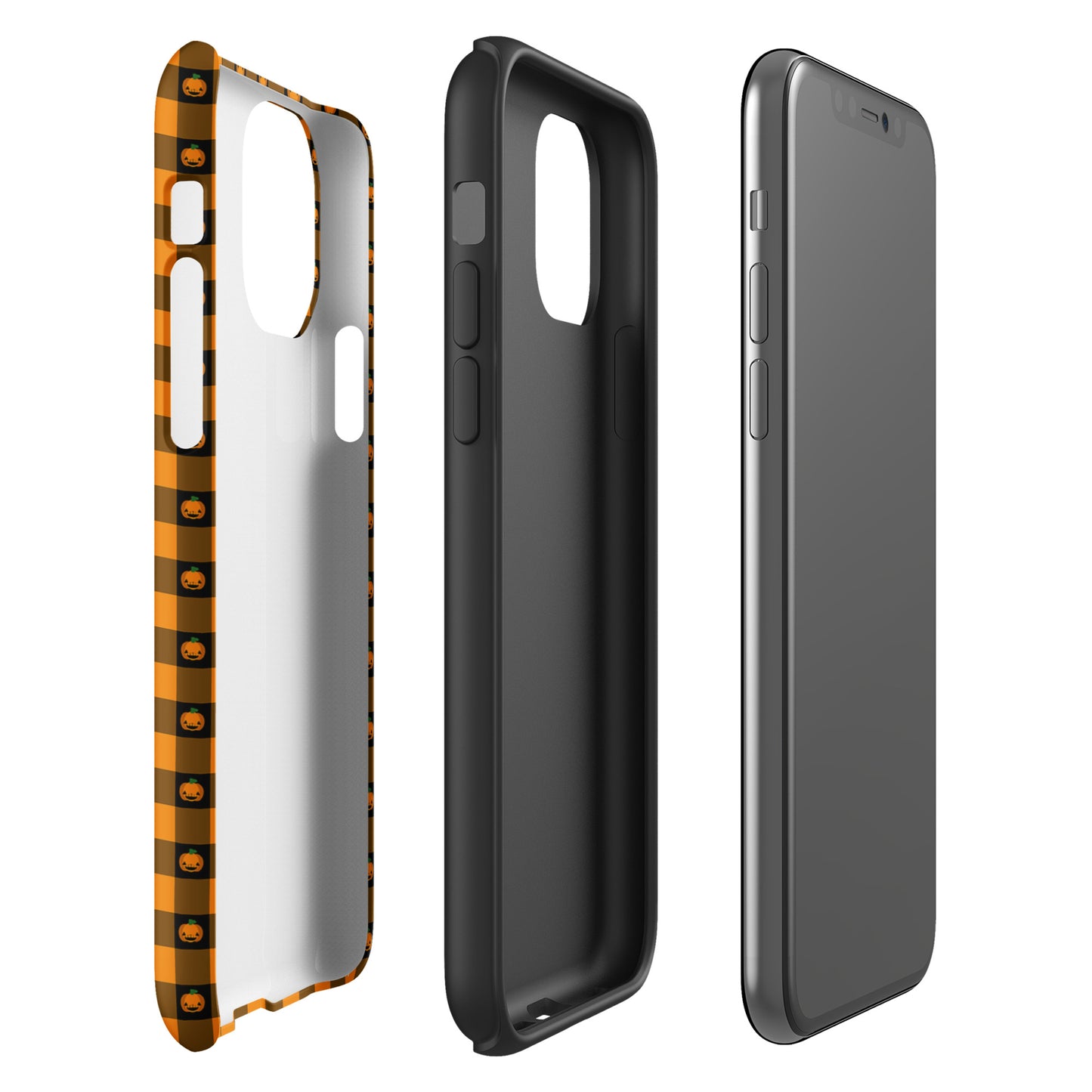 Phone Case for iPhone with Playful Pumpkin Gingham Halloween Design, featuring cheerful jack-o'-lanterns and a bold gingham pattern.