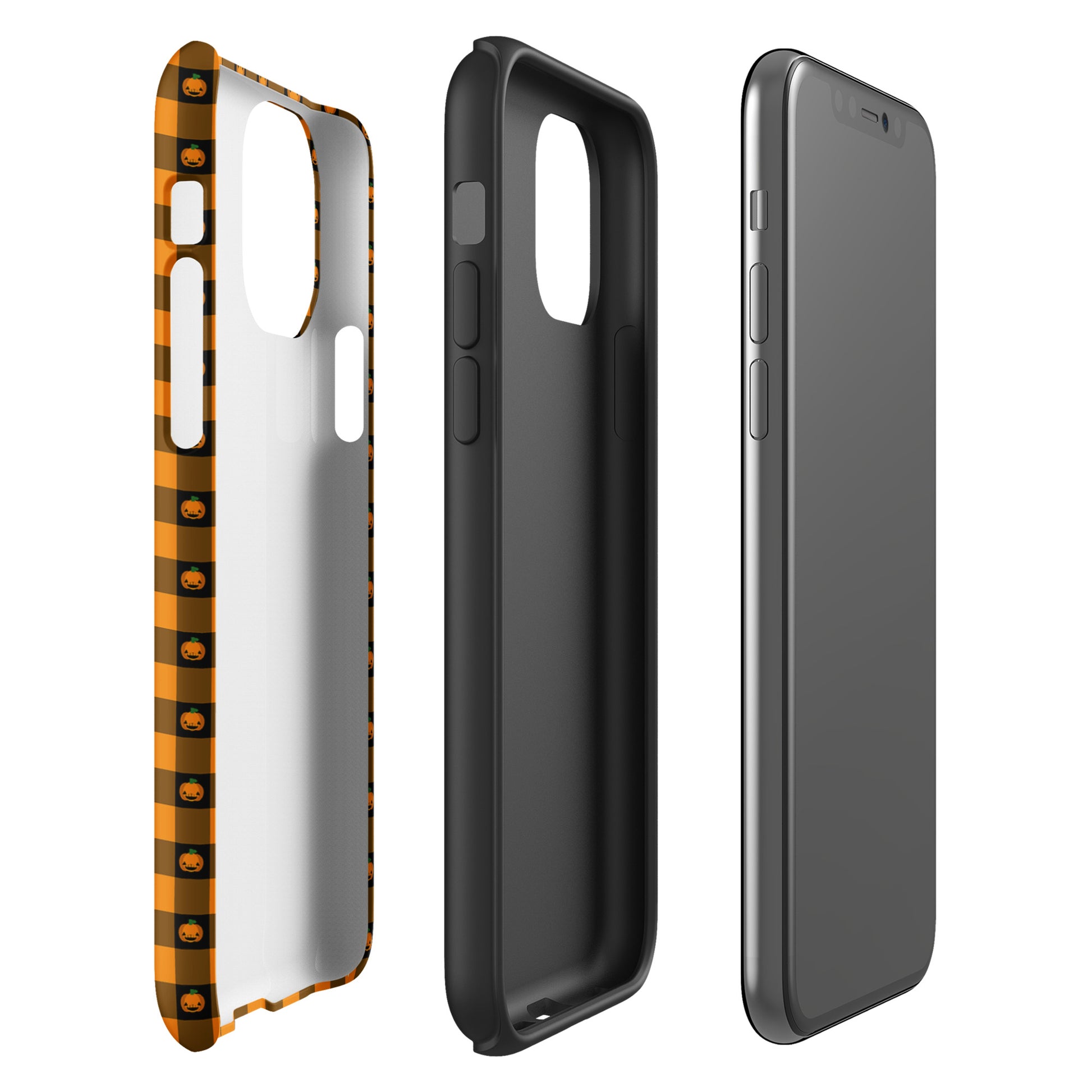 Phone Case for iPhone with Playful Pumpkin Gingham Halloween Design, featuring cheerful jack-o'-lanterns and a bold gingham pattern.