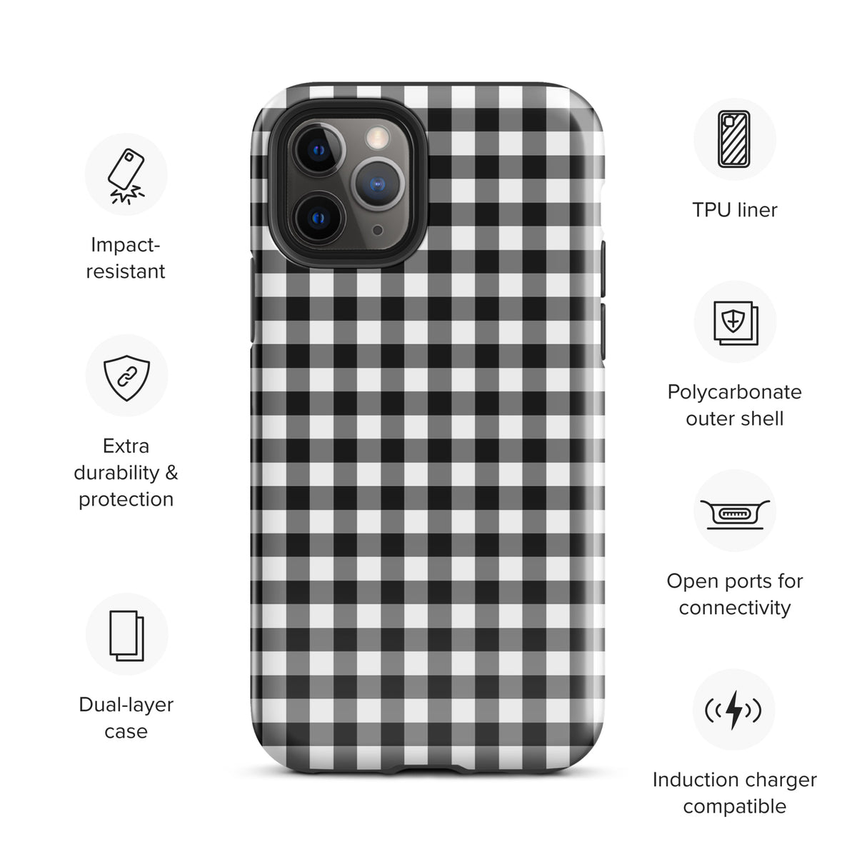 Phone Case for iPhone with black/white gingham pattern, impact-resistant, polycarbonate shell, dual-layer protection.