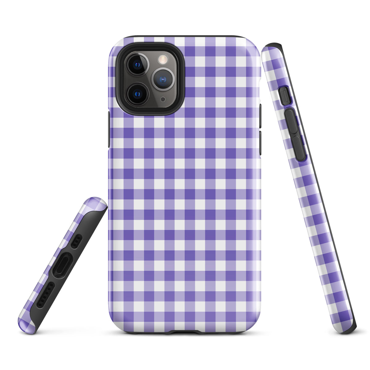 Phone Case for iPhone with purple and white gingham pattern offering style and protection.