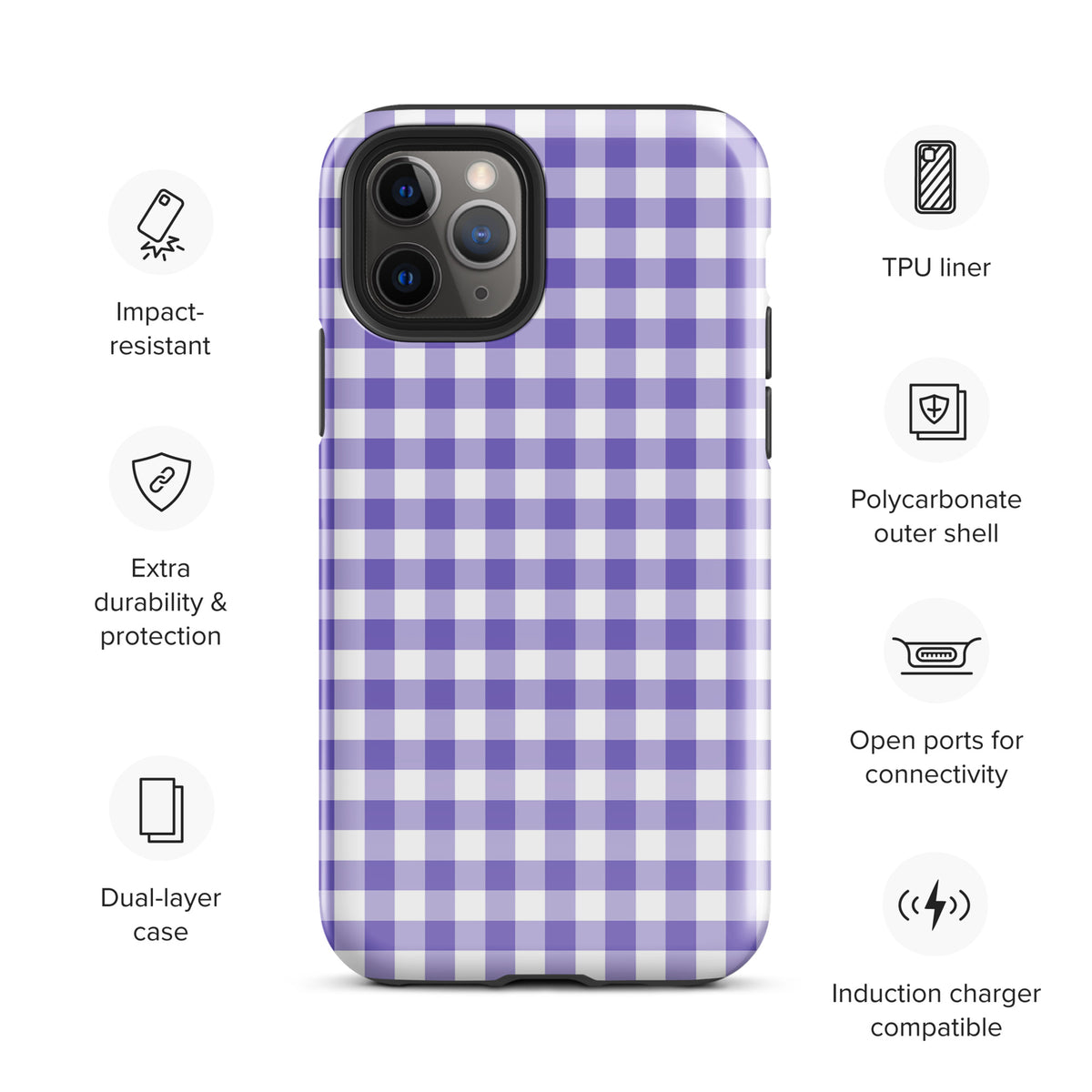 iPhone phone case with purple and white gingham pattern, featuring impact-resistant TPU liner and extra durability protection.