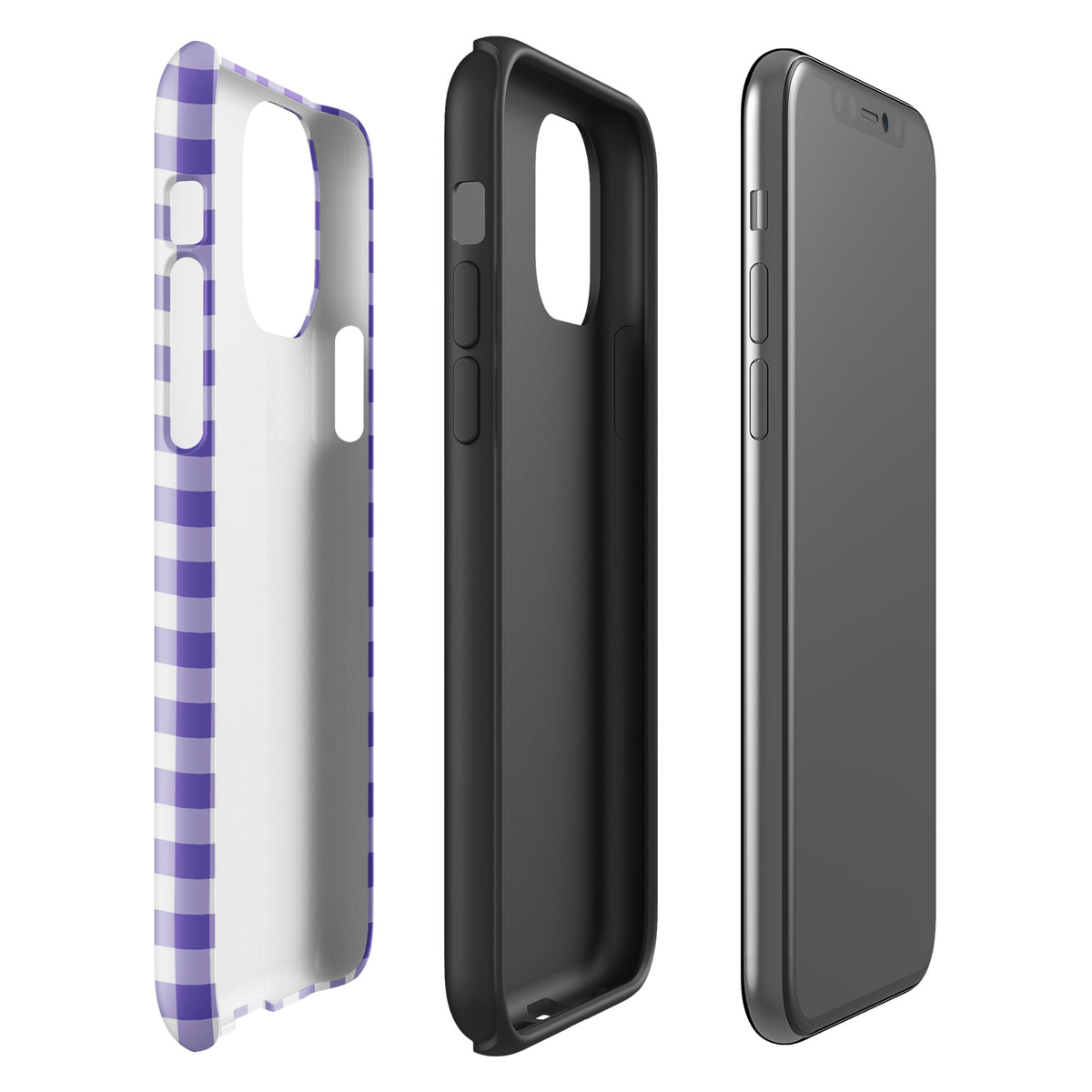 Phone Case for iPhone with purple and white gingham pattern, showcasing its charming style and protective features.