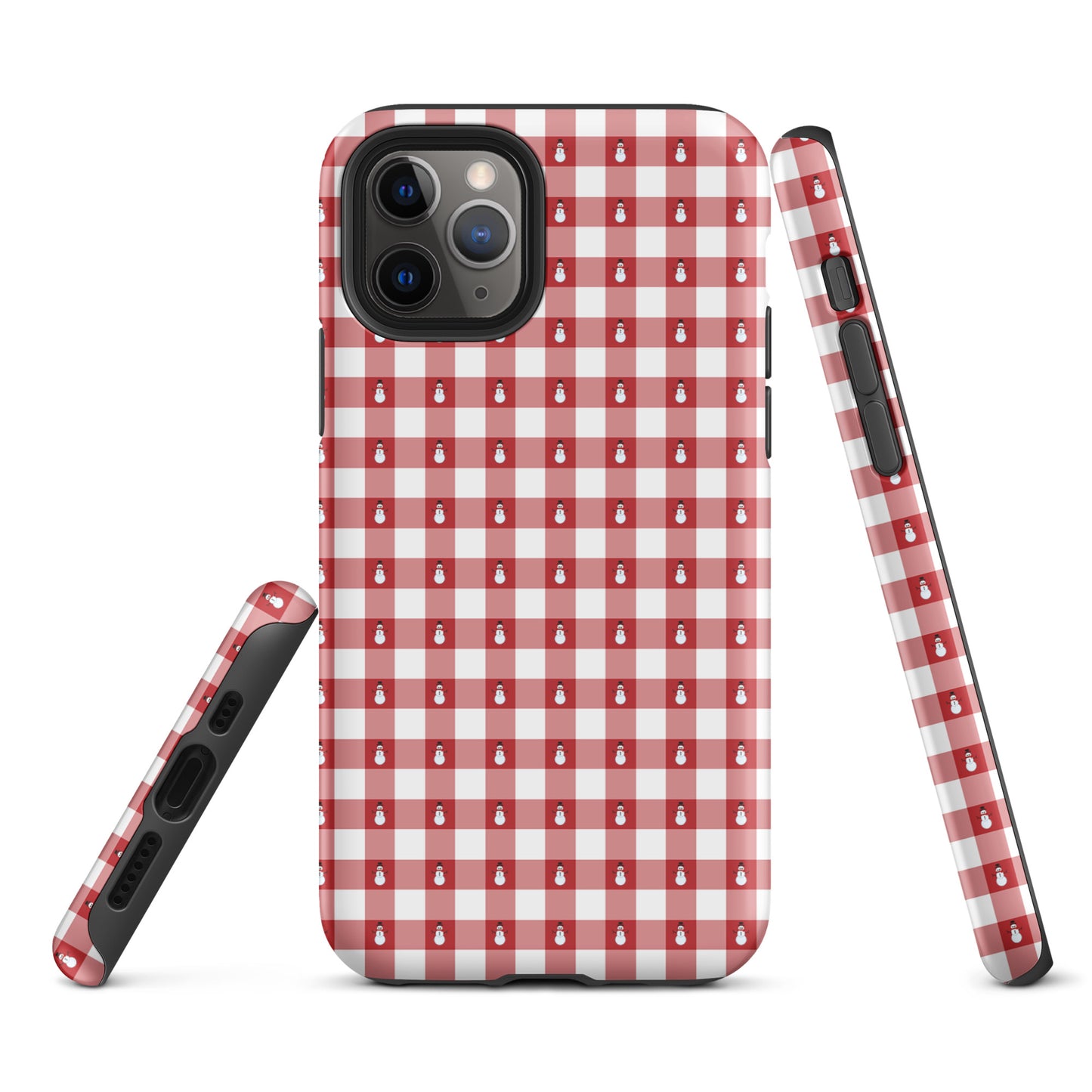 Phone Case for iPhone with snowman gingham winter design, featuring red and white checks, combining holiday charm and device protection.