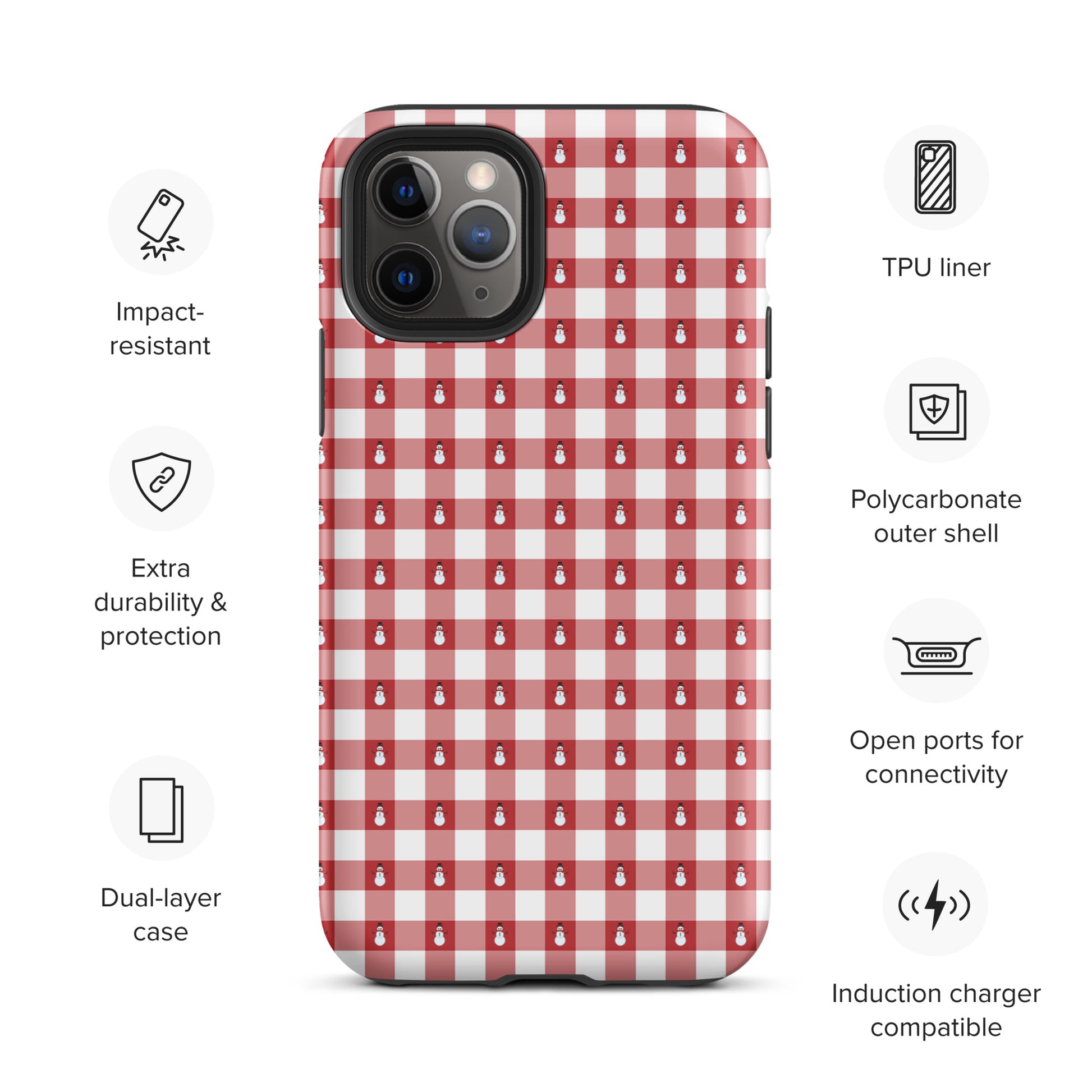 Phone Case for iPhone with snowman gingham winter design, red and white pattern, impact-resistant, dual-layer for extra protection.