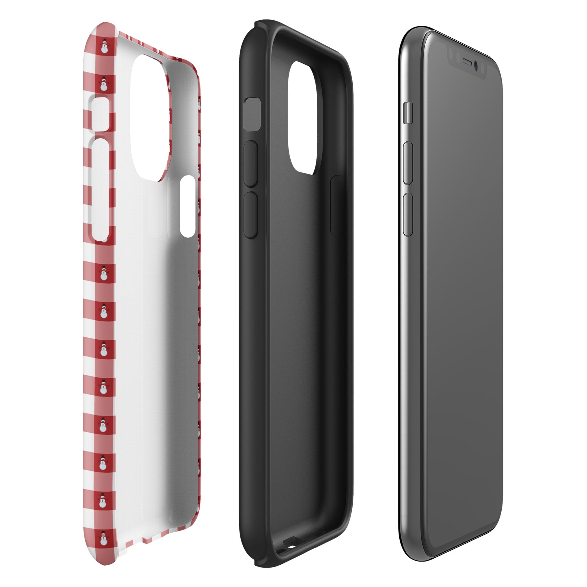 Phone Case for iPhone - Snowman Gingham Winter Design showcasing red-and-white gingham pattern with snowmen for holiday protection.