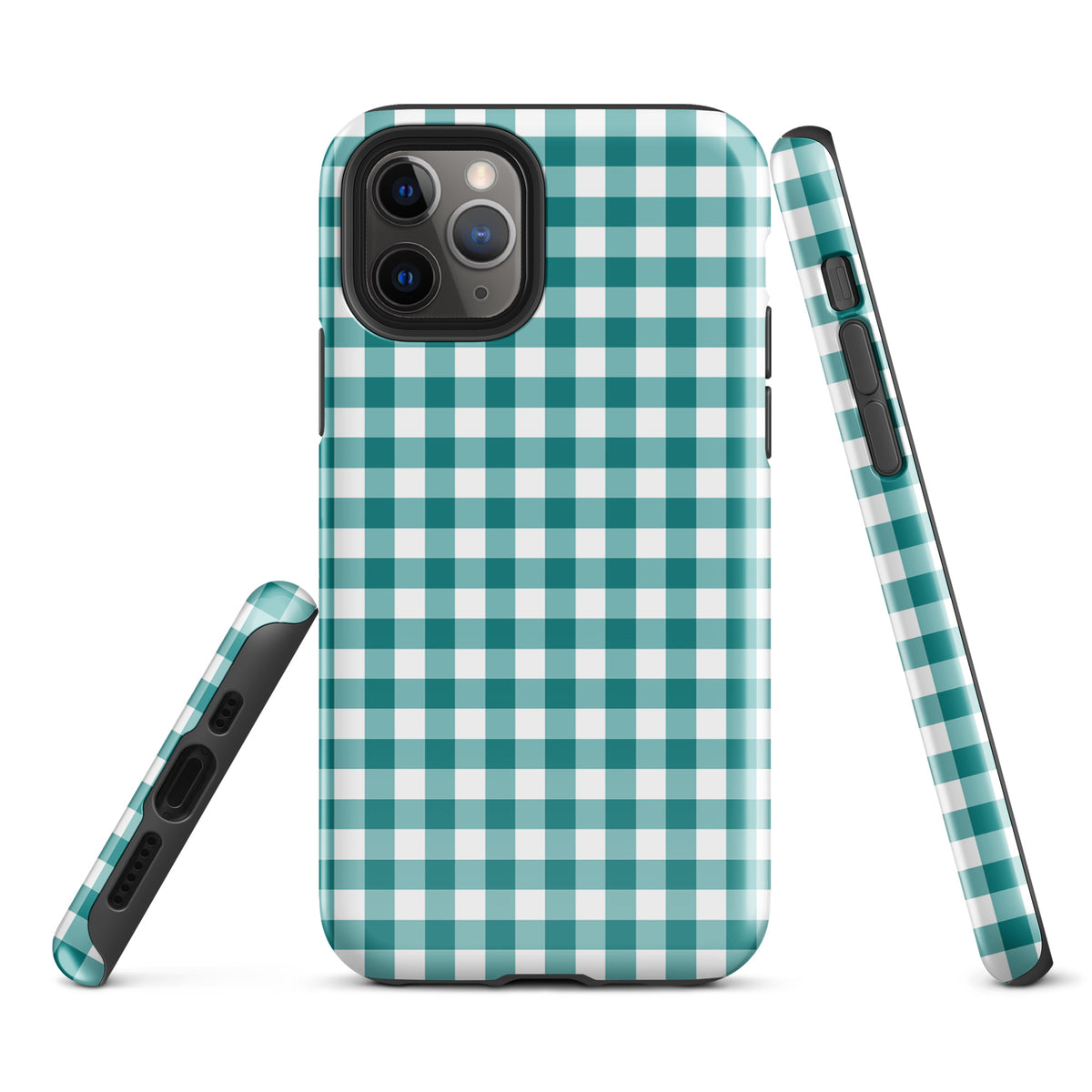 Phone Case for iPhone with teal/white gingham pattern, offering charm and protection.