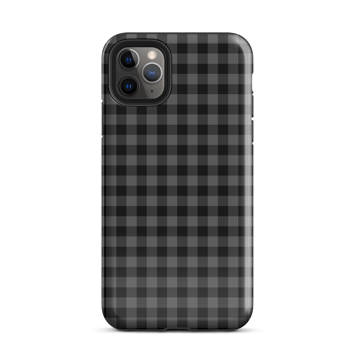 Phone Case for iPhone with black charcoal gingham pattern, modern stylish design and durable protection.