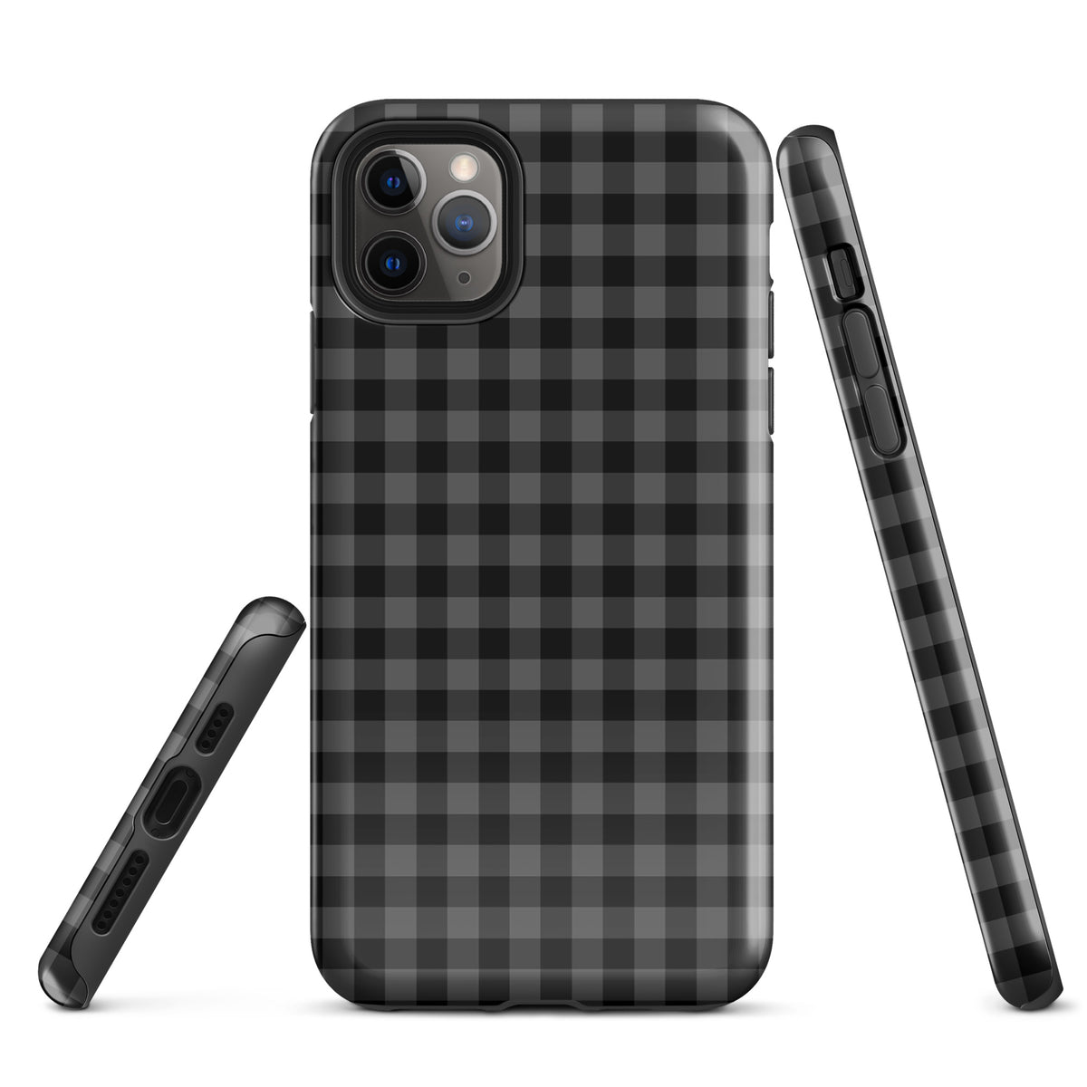 Phone Case for iPhone with black-and-charcoal gingham pattern, modern style with durable design.