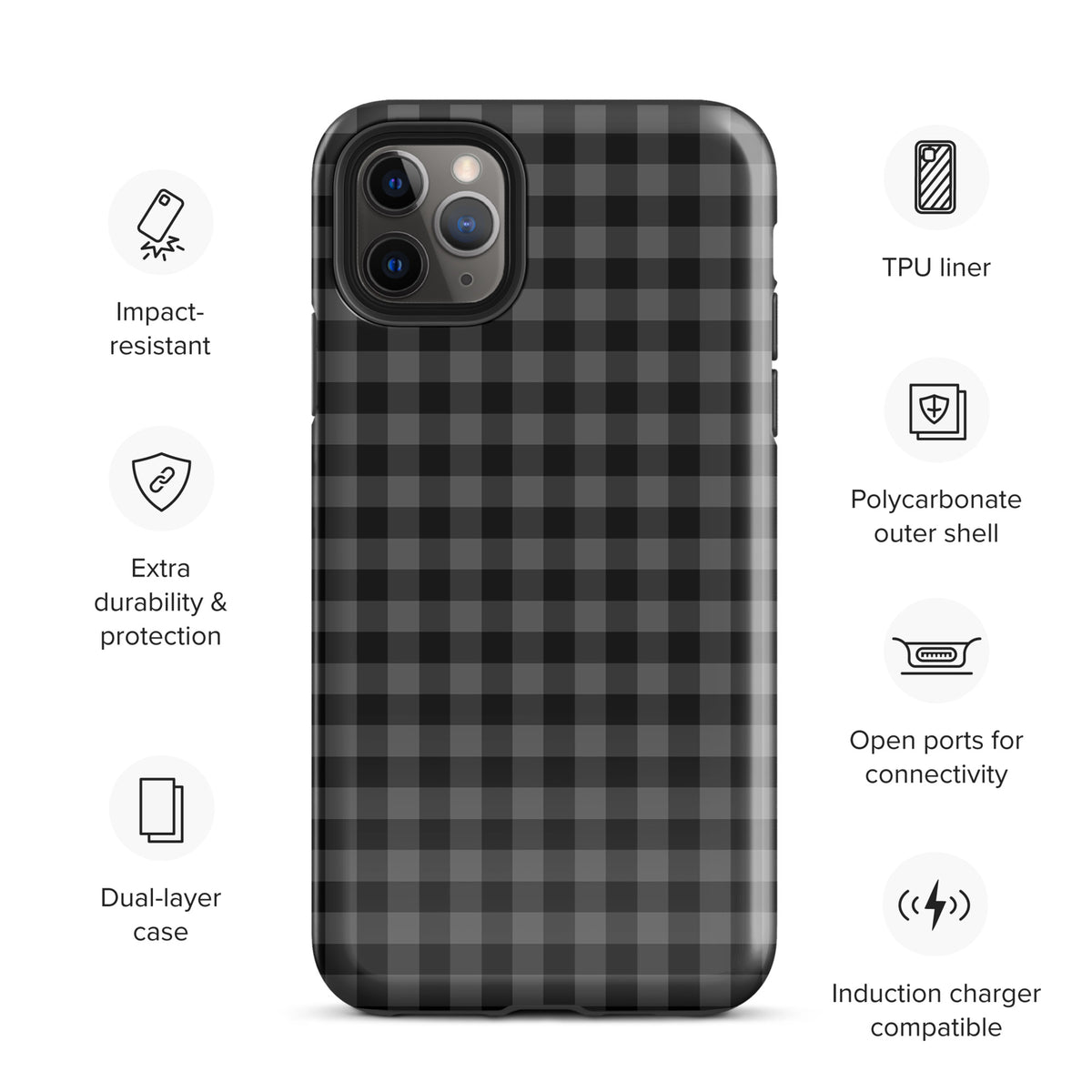 Phone Case with black and charcoal gingham pattern for iPhone, featuring impact resistance, dual-layer protection, and connectivity ports.