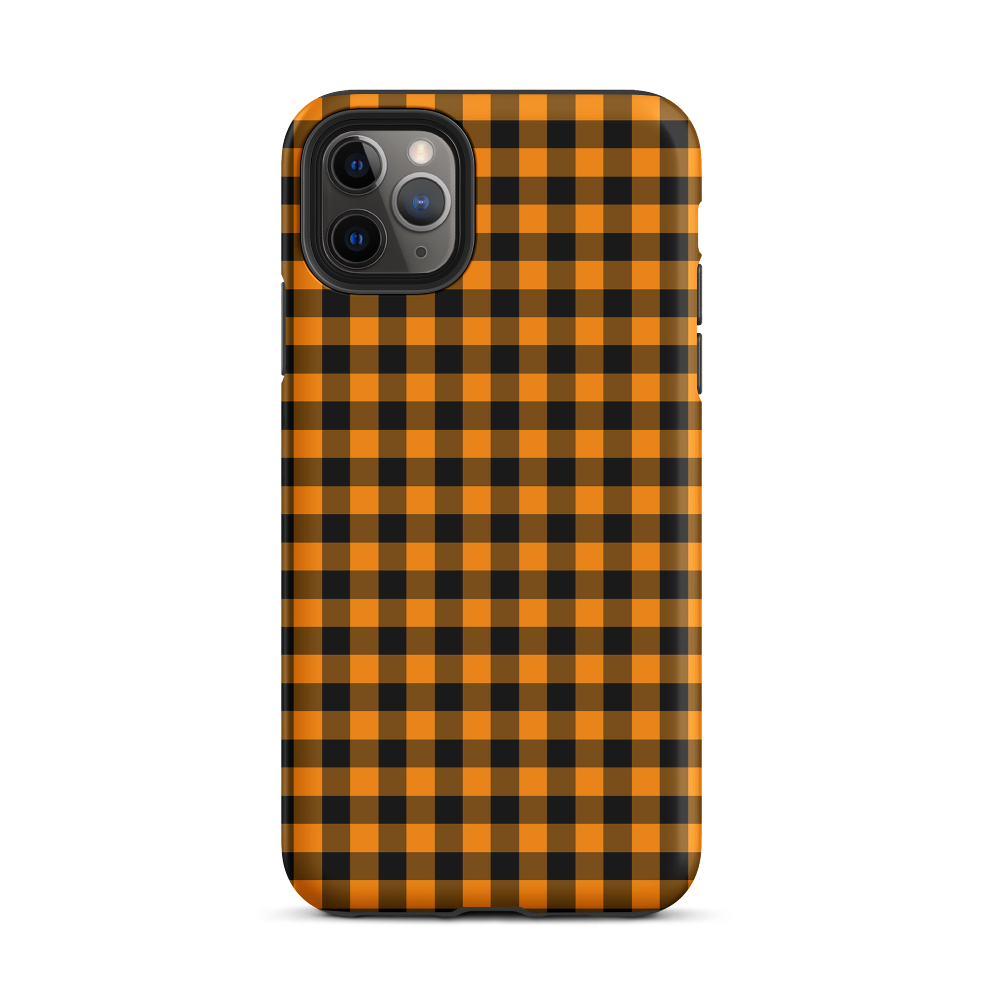 phone case with black-and-orange gingham autumn theme for iPhone, stylish and durable accessory.