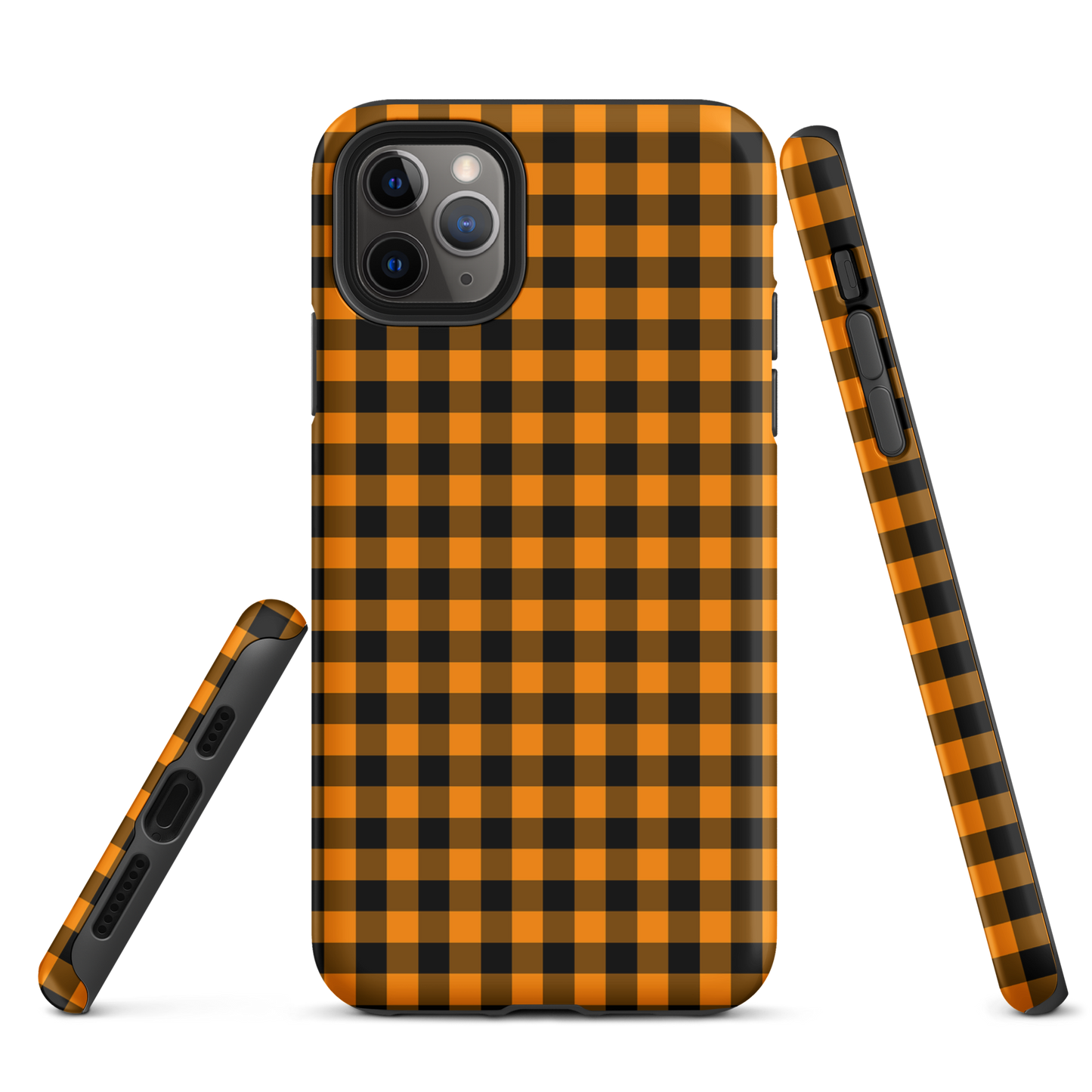 Black-and-orange gingham autum themed phone case for iPhone, stylish and durable design.