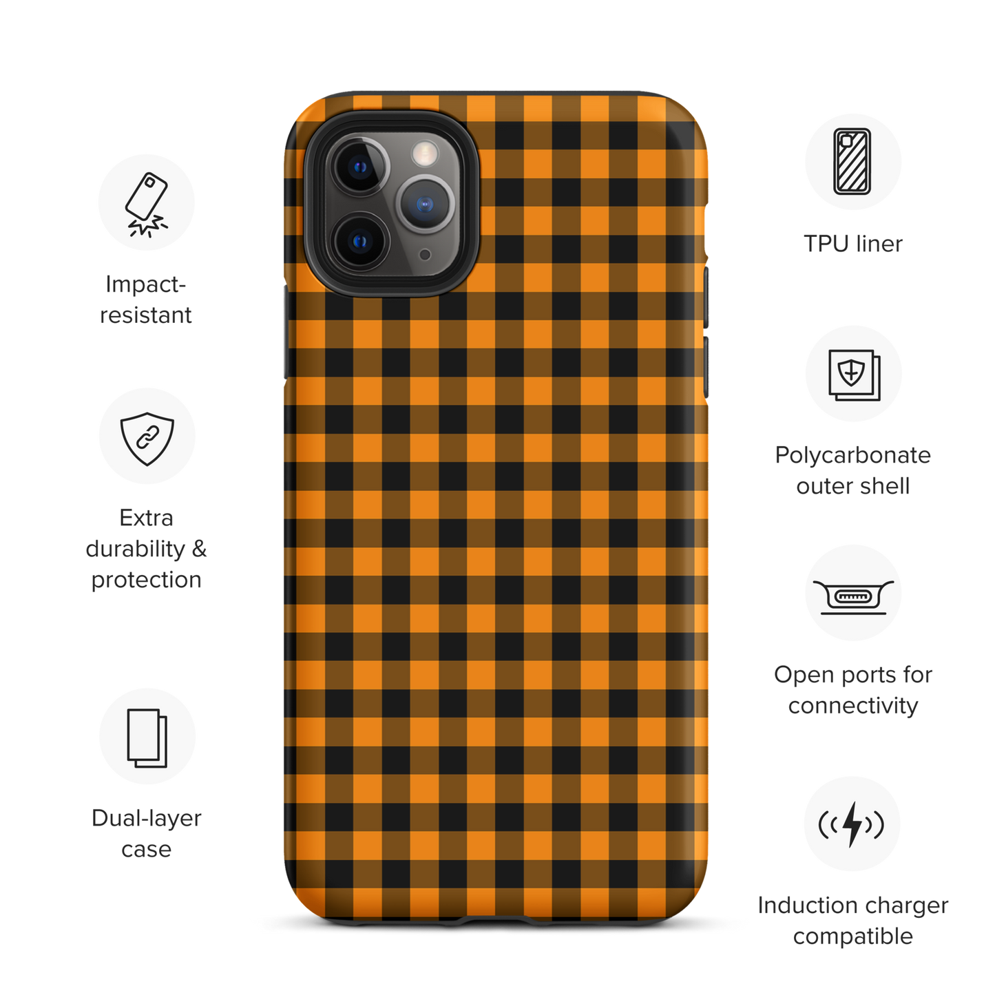 Black-and-orange gingham phone case for iPhone in Autumn theme, offering stylish design and durability.