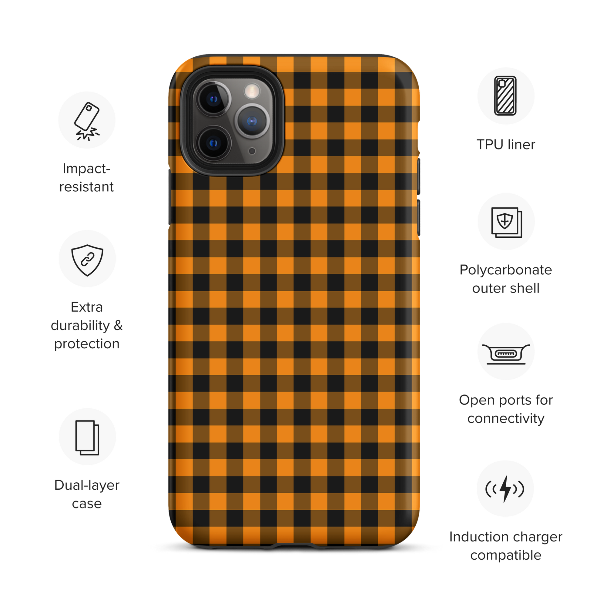Black-and-orange gingham phone case for iPhone in Autumn theme, offering stylish design and durability.