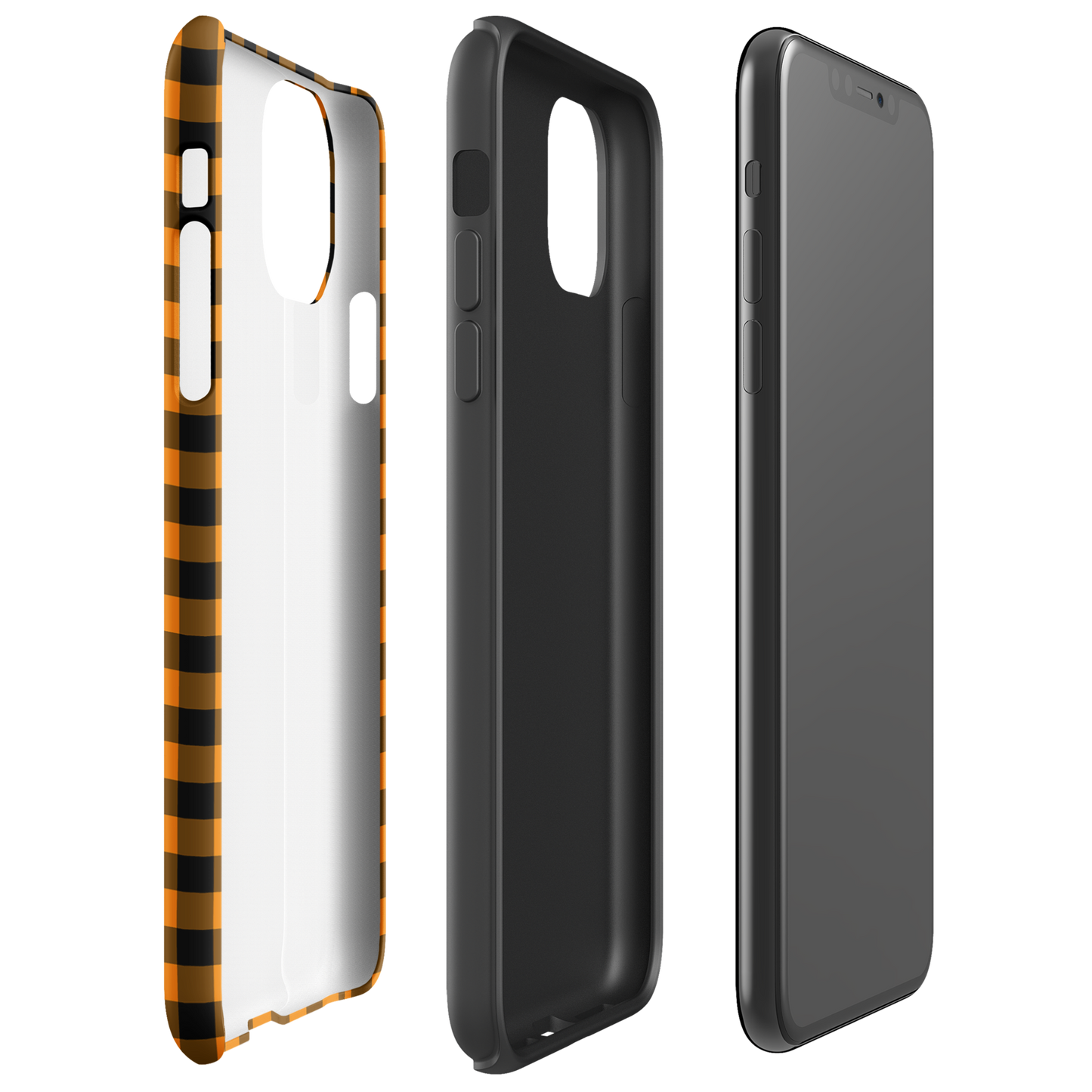 Black-and-orange gingham phone case for iPhone with autumn theme, showing stylish design and durability.