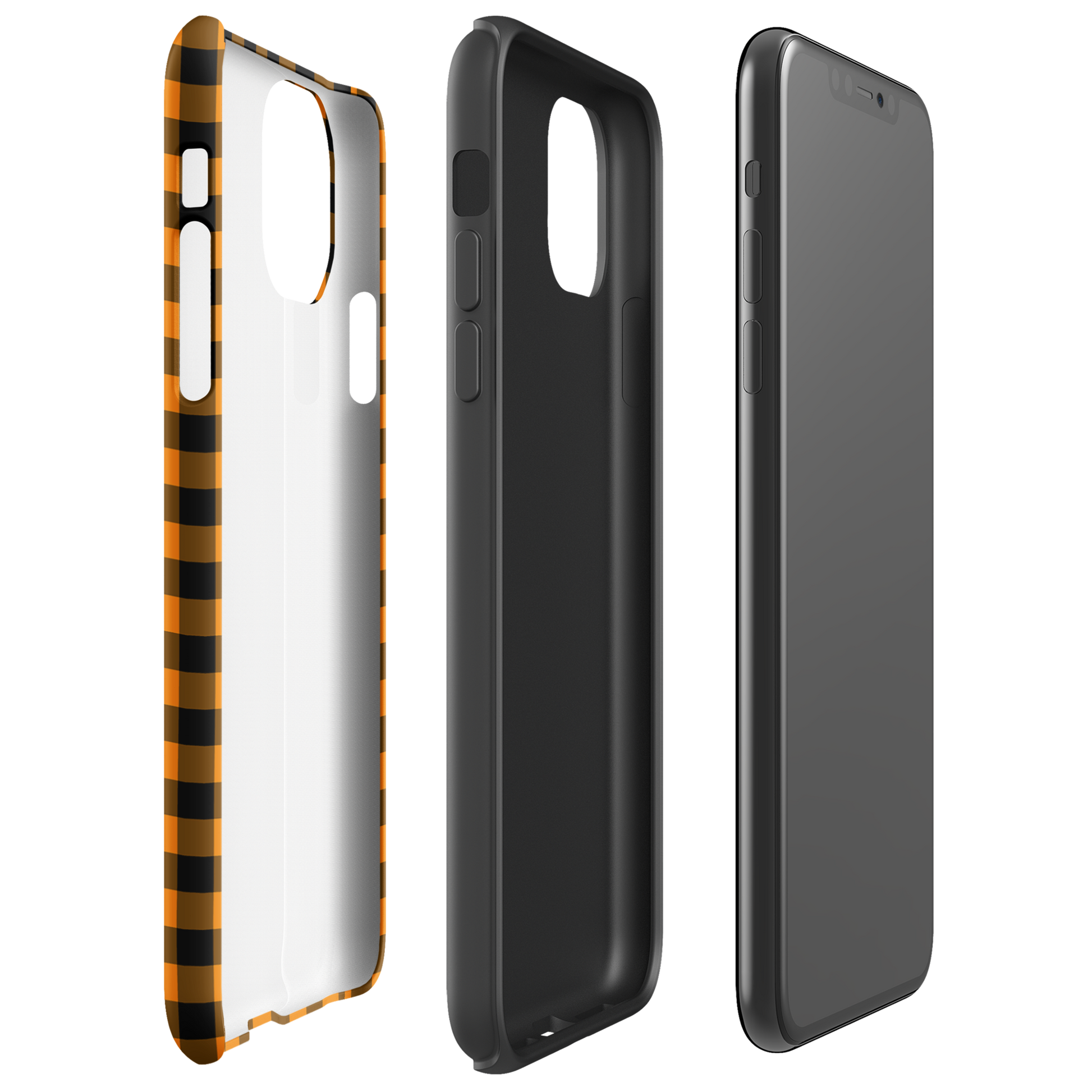 Black-and-orange gingham phone case for iPhone with autumn theme, showing stylish design and durability.