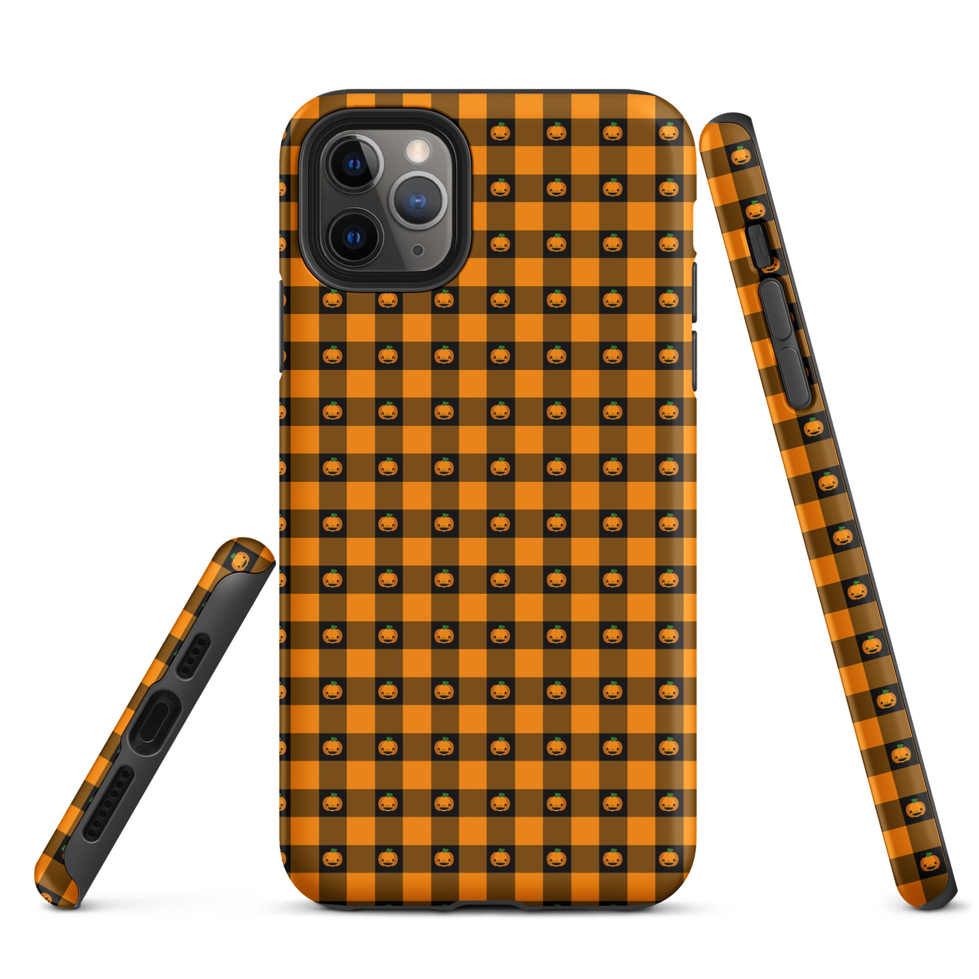 Phone Case for iPhone with playful pumpkin gingham Halloween design featuring jack-o'-lanterns in orange and black.