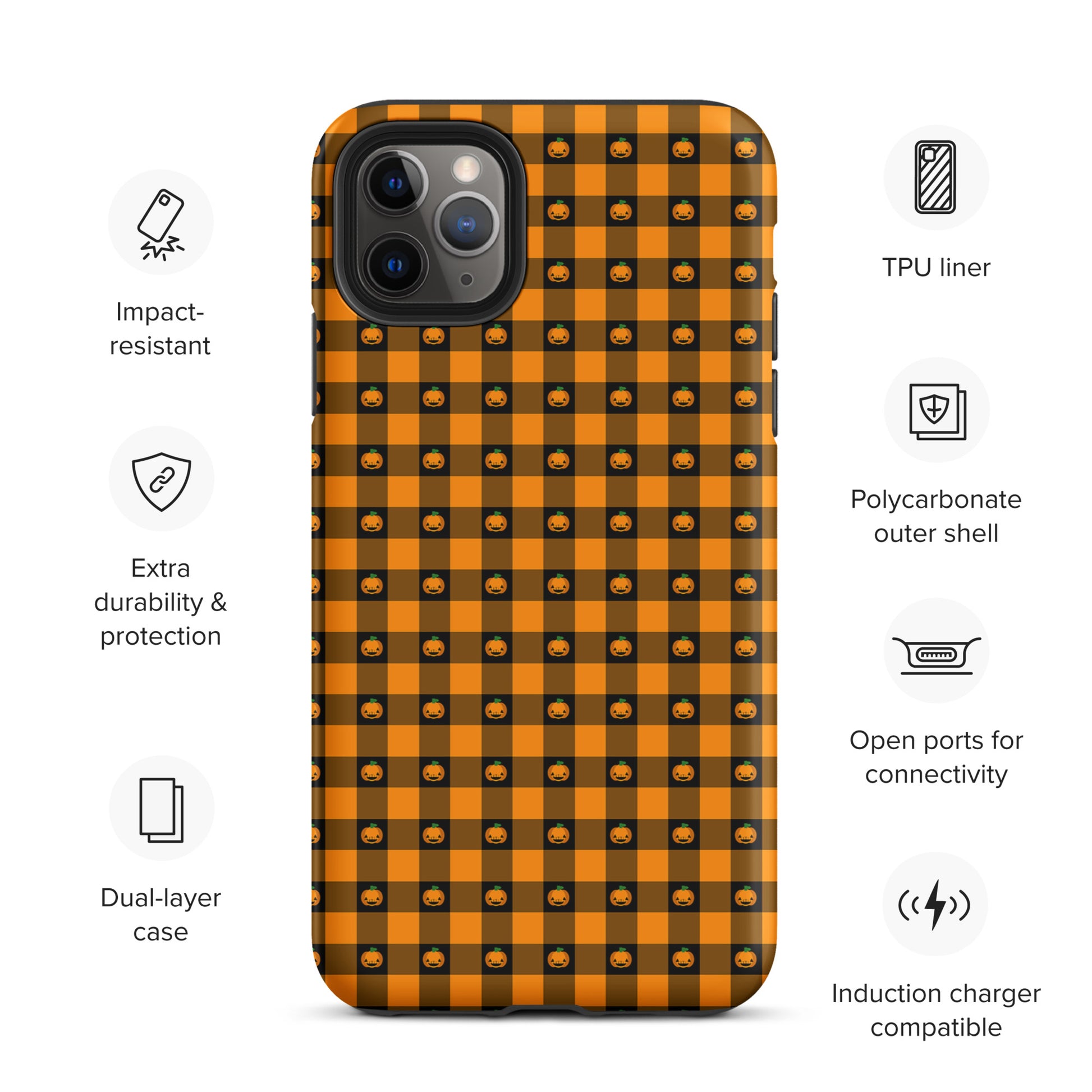 Phone Case for iPhone with playful pumpkin gingham Halloween design, showcasing durable dual-layer protection and compatibility with wireless charging.