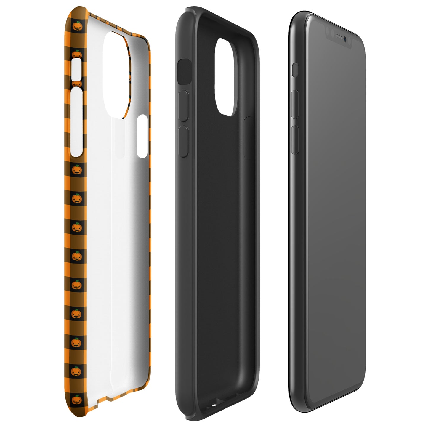 Phone Case for iPhone - Playful Pumpkin Gingham Halloween Design showcasing front and back views. Festive and quirky accessory.
