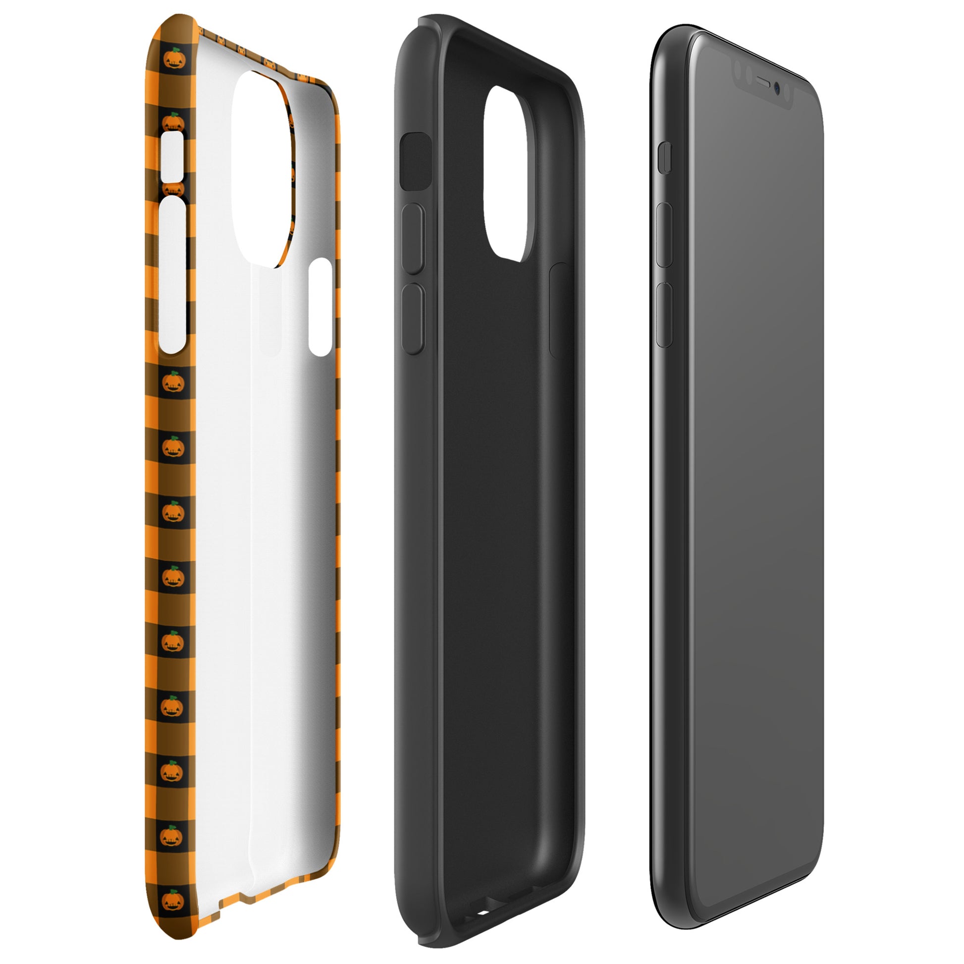 Phone Case for iPhone - Playful Pumpkin Gingham Halloween Design showcasing front and back views. Festive and quirky accessory.