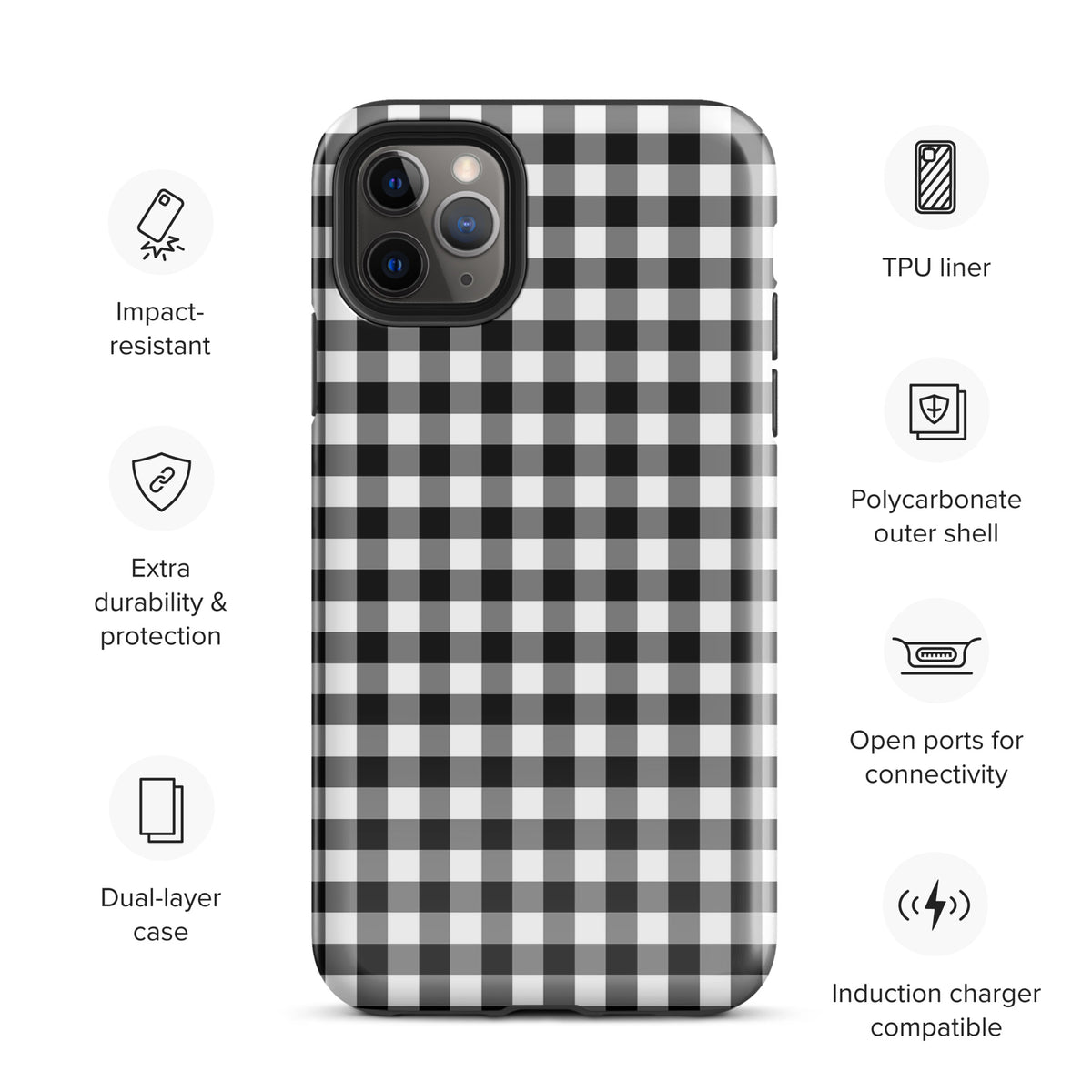Phone Case for iPhone with black and white gingham pattern, impact-resistant, dual-layer, induction charger compatible.