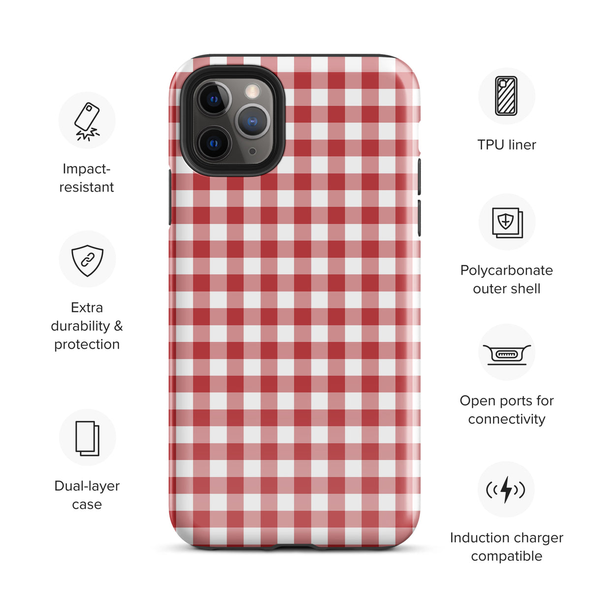 Phone Case with red-and-white gingham pattern for iPhone, offering style and protection with durable polycarbonate and TPU liner.