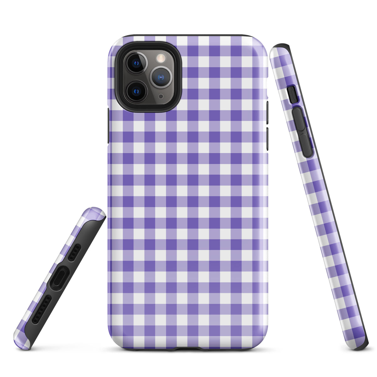 Phone Case with purple and white gingham pattern for iPhone, combining style and protection.