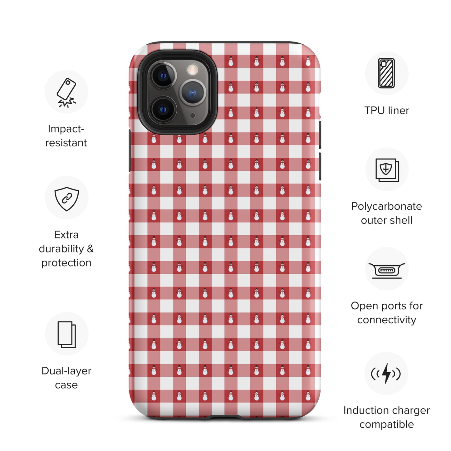 Phone Case for iPhone with snowman gingham winter design, impact-resistant, dual-layer protection, polycarbonate outer shell.