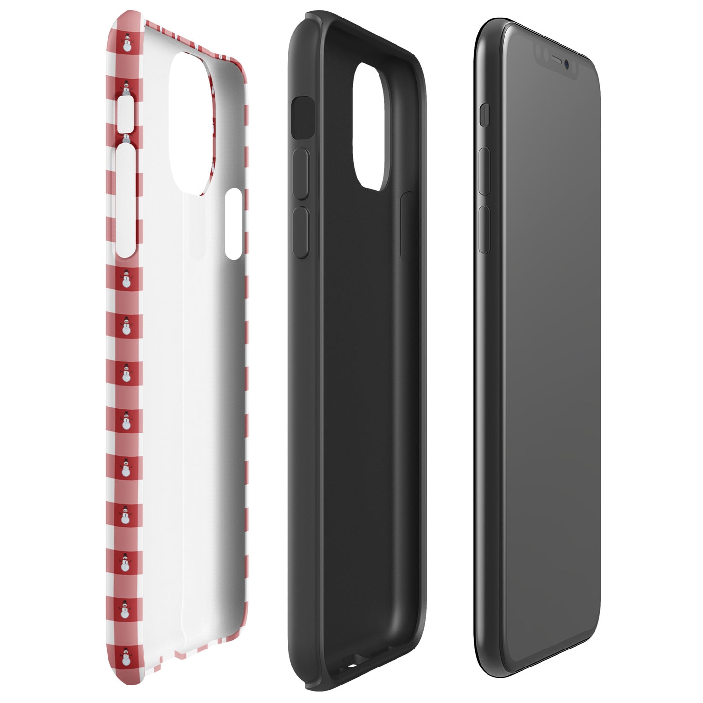Phone Case for iPhone with snowman gingham winter design, featuring red and white pattern, shown in three angles for festive protection.