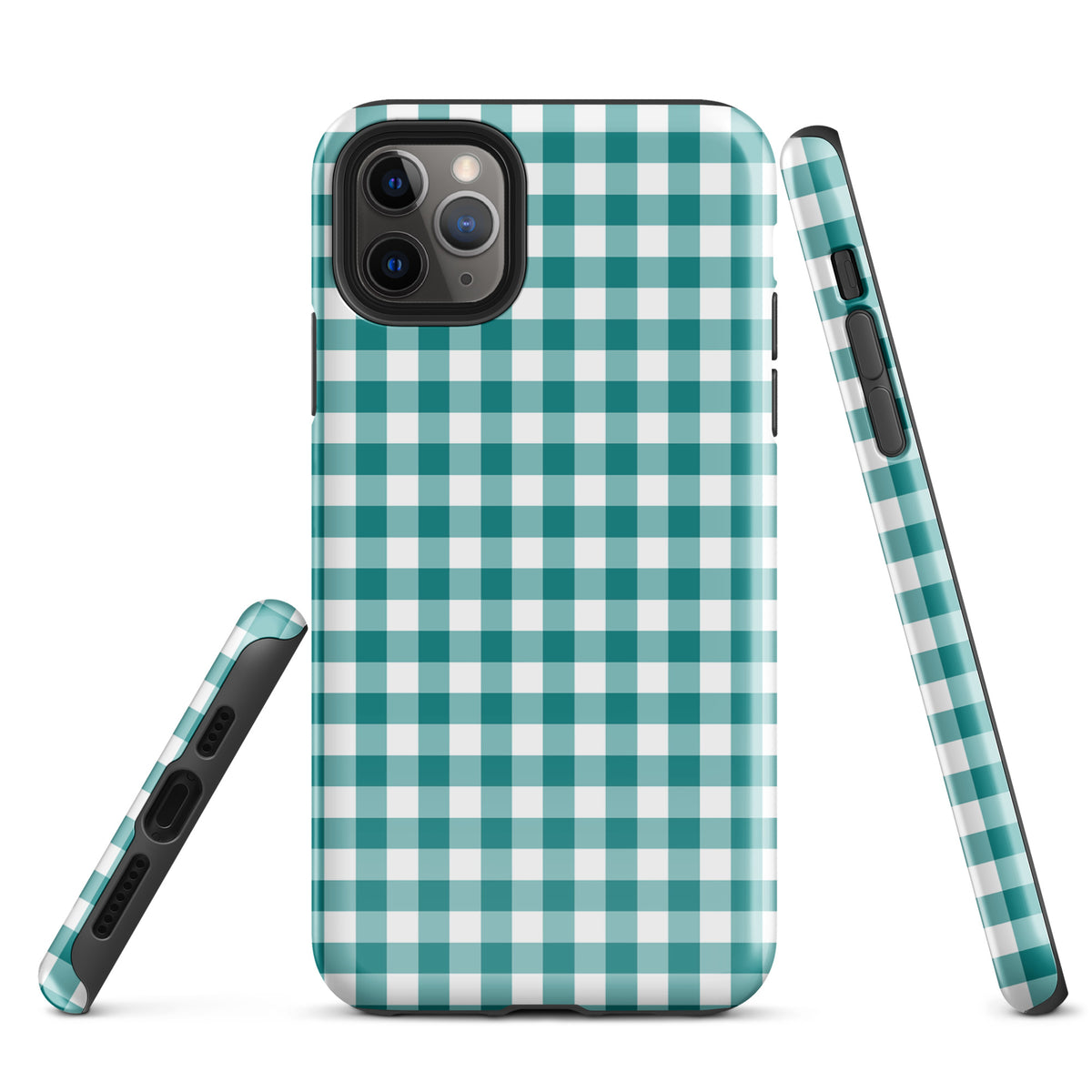 Phone Case with teal and white gingham pattern for iPhone, offering style and protection.