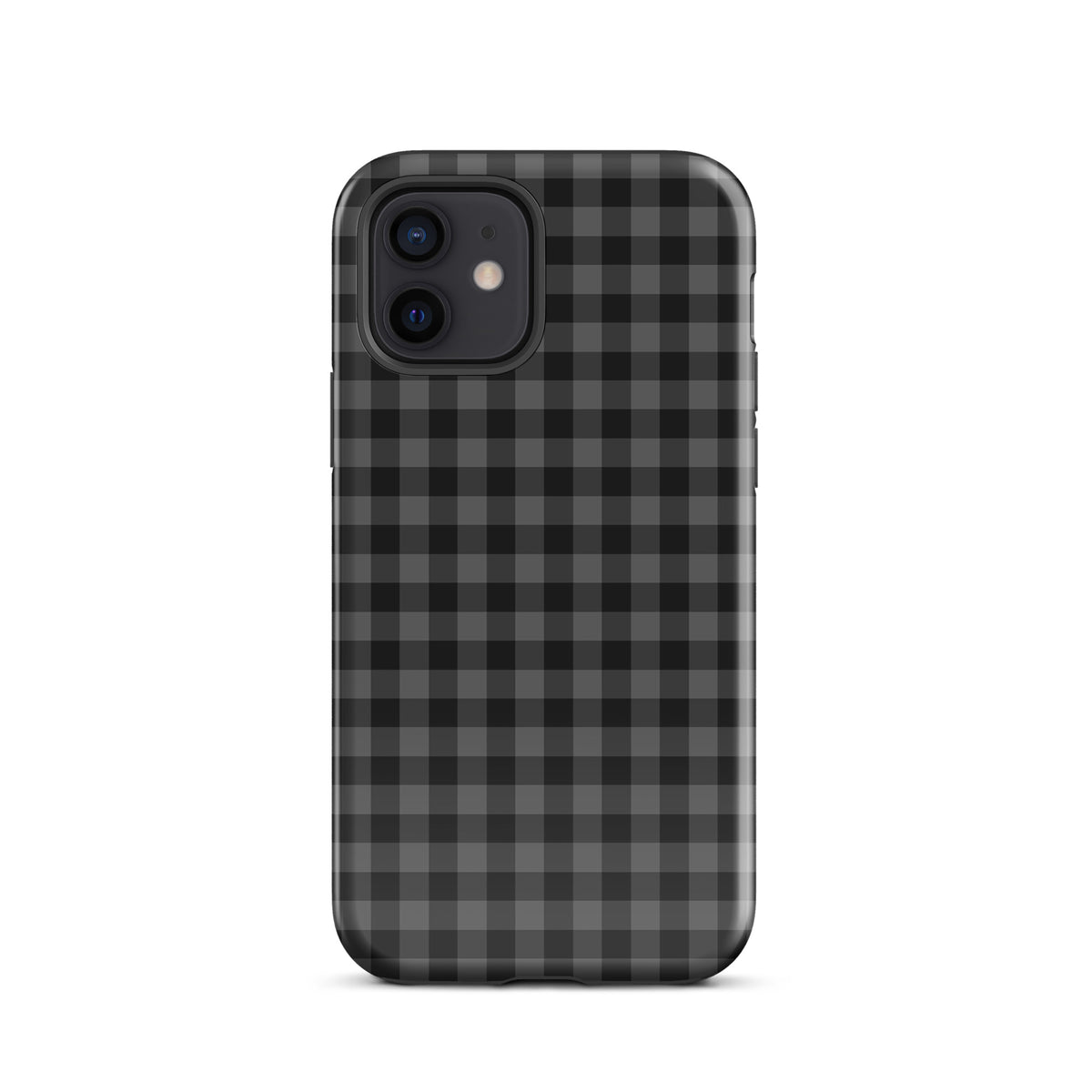 Phone Case with black and charcoal gingham pattern, modern style and durability for iPhone.