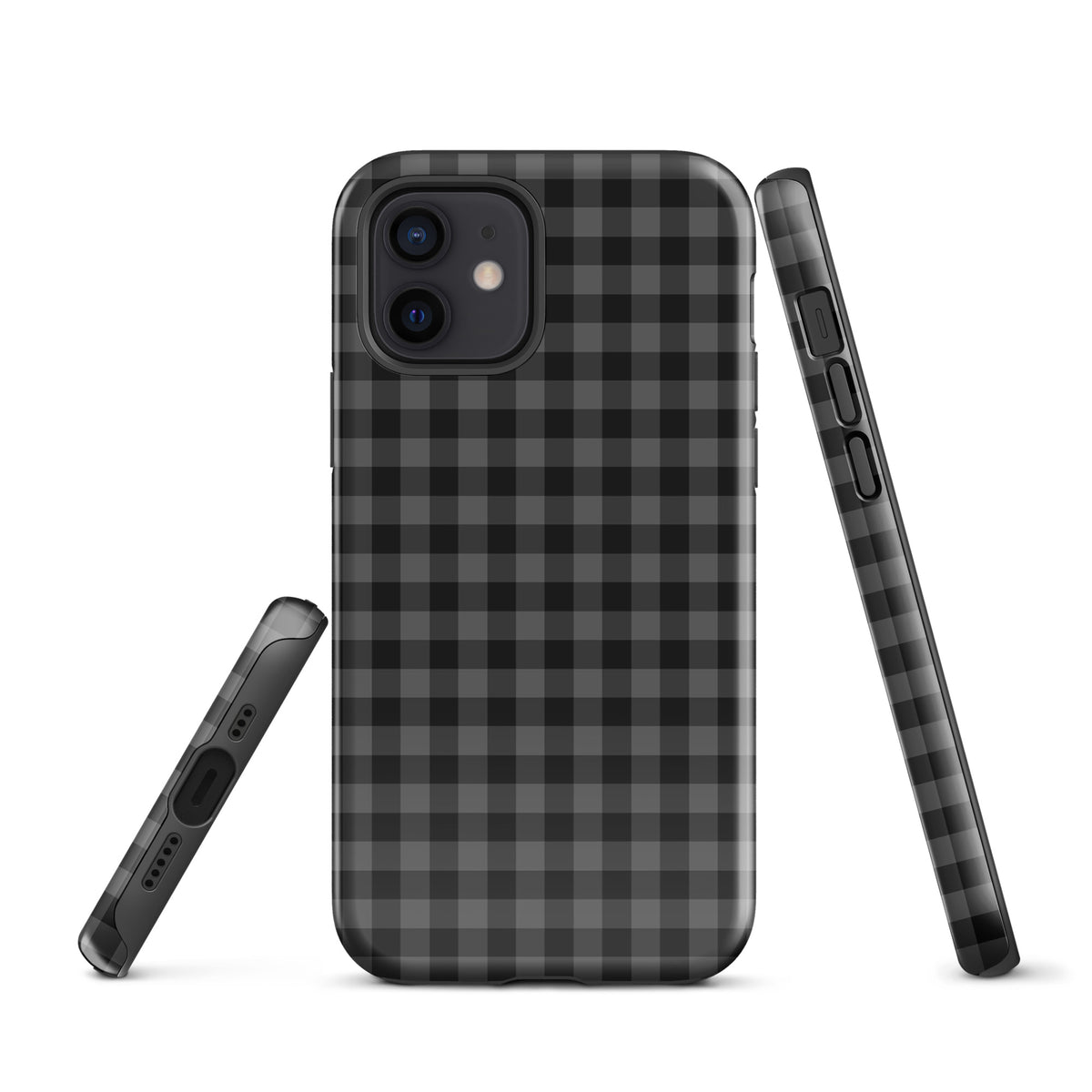 Phone Case with black and charcoal gingham pattern for iPhone, offering stylish protection and modern design.