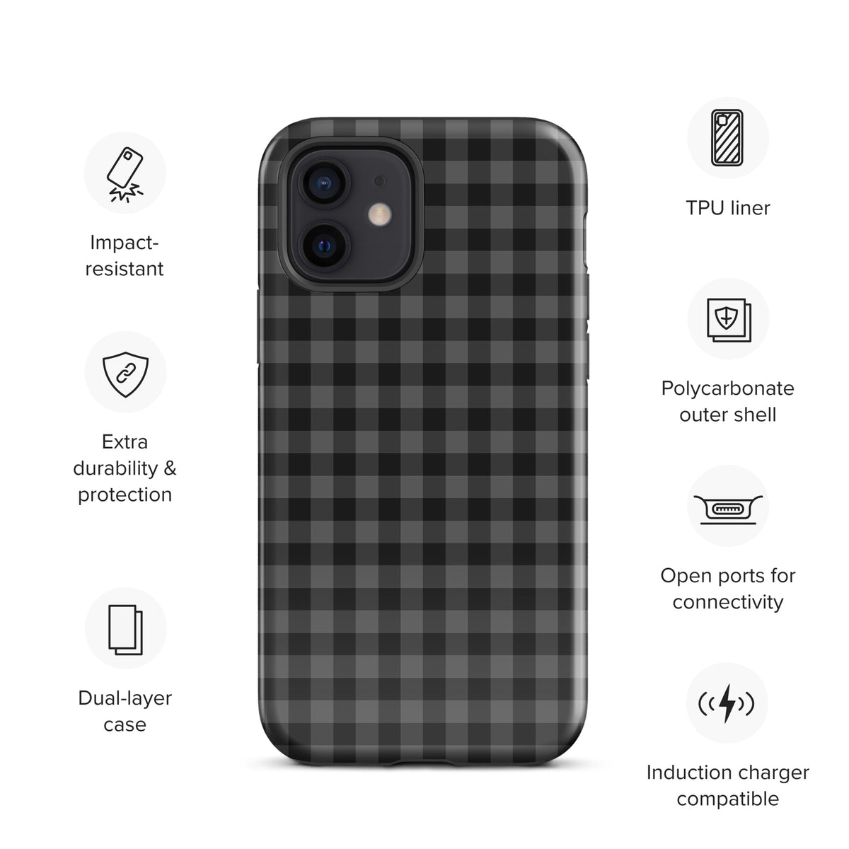 Phone Case for iPhone in black and charcoal gingham pattern, showcasing modern style and durability features like impact resistance.