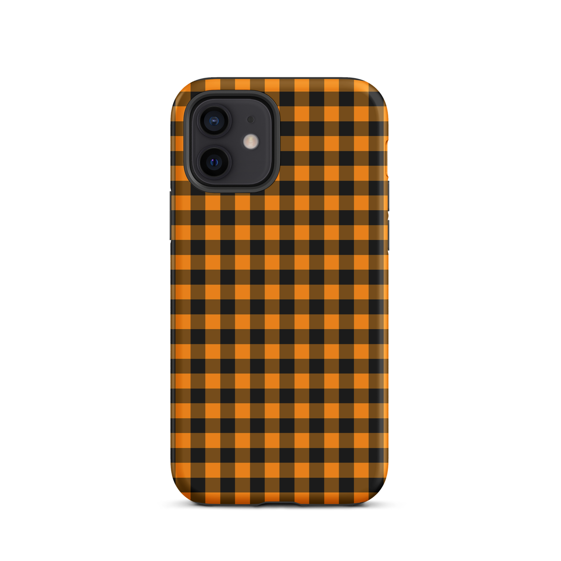 Black-and-orange gingham phone case for iPhone, Autumn theme, stylish and durable design, chic accessory.