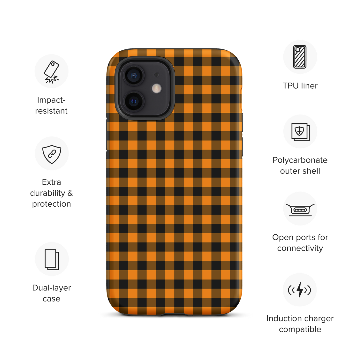 phone case with black-and-orange gingham autumn theme for iPhone, featuring durability and modern chic design.