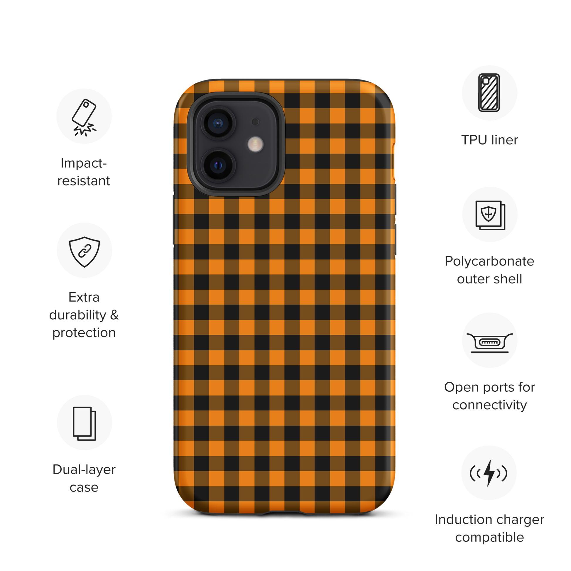 phone case with black-and-orange gingham autumn theme for iPhone, featuring durability and modern chic design.