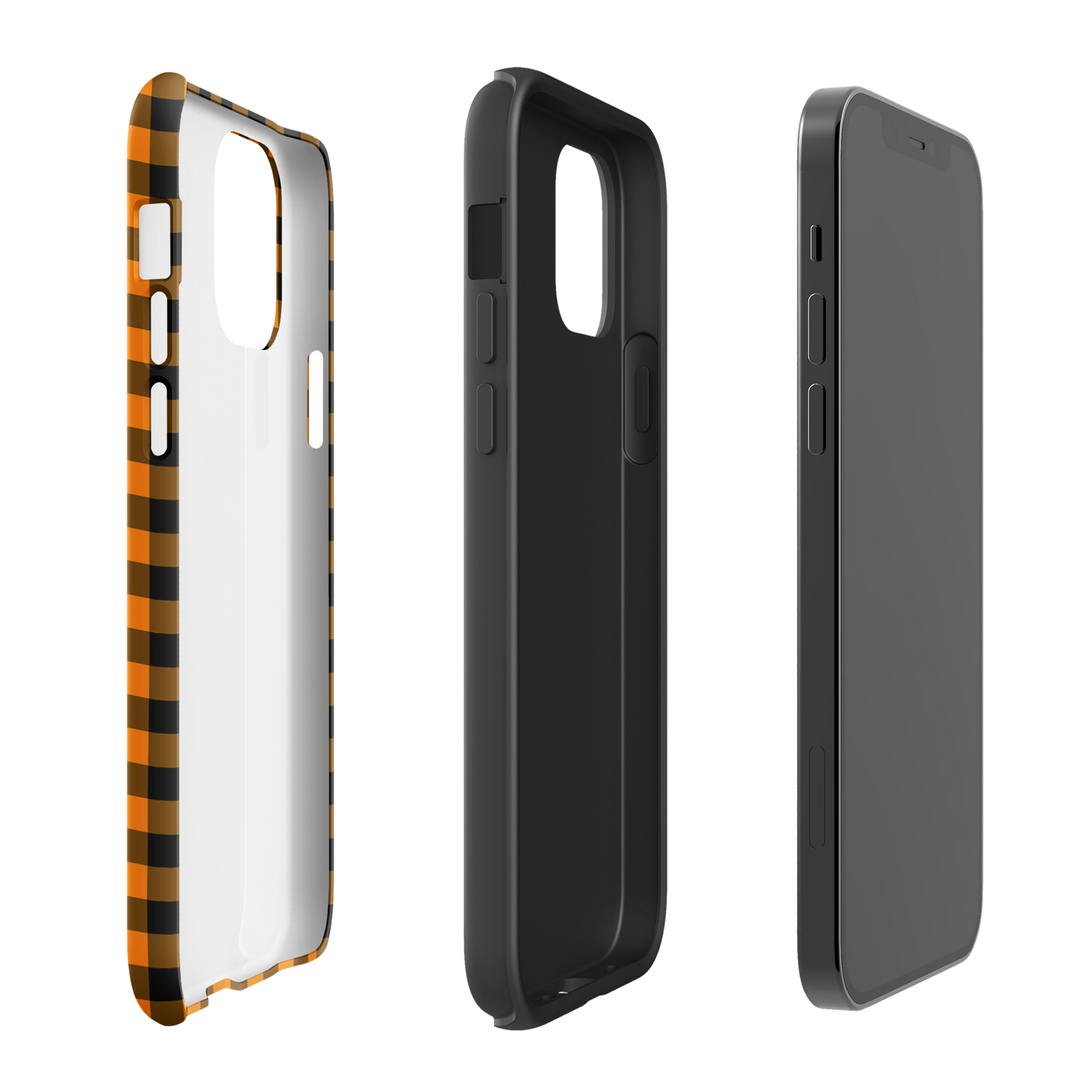 Black-and-orange gingham phone case for iPhone showcasing Autumn theme and durable design.