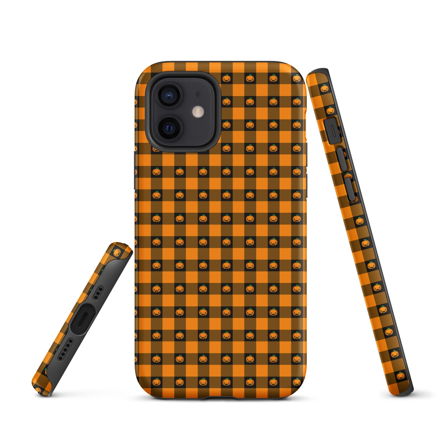 Phone Case for iPhone with playful pumpkin gingham Halloween design, featuring jack-o'-lanterns and bold patterns for festive charm.