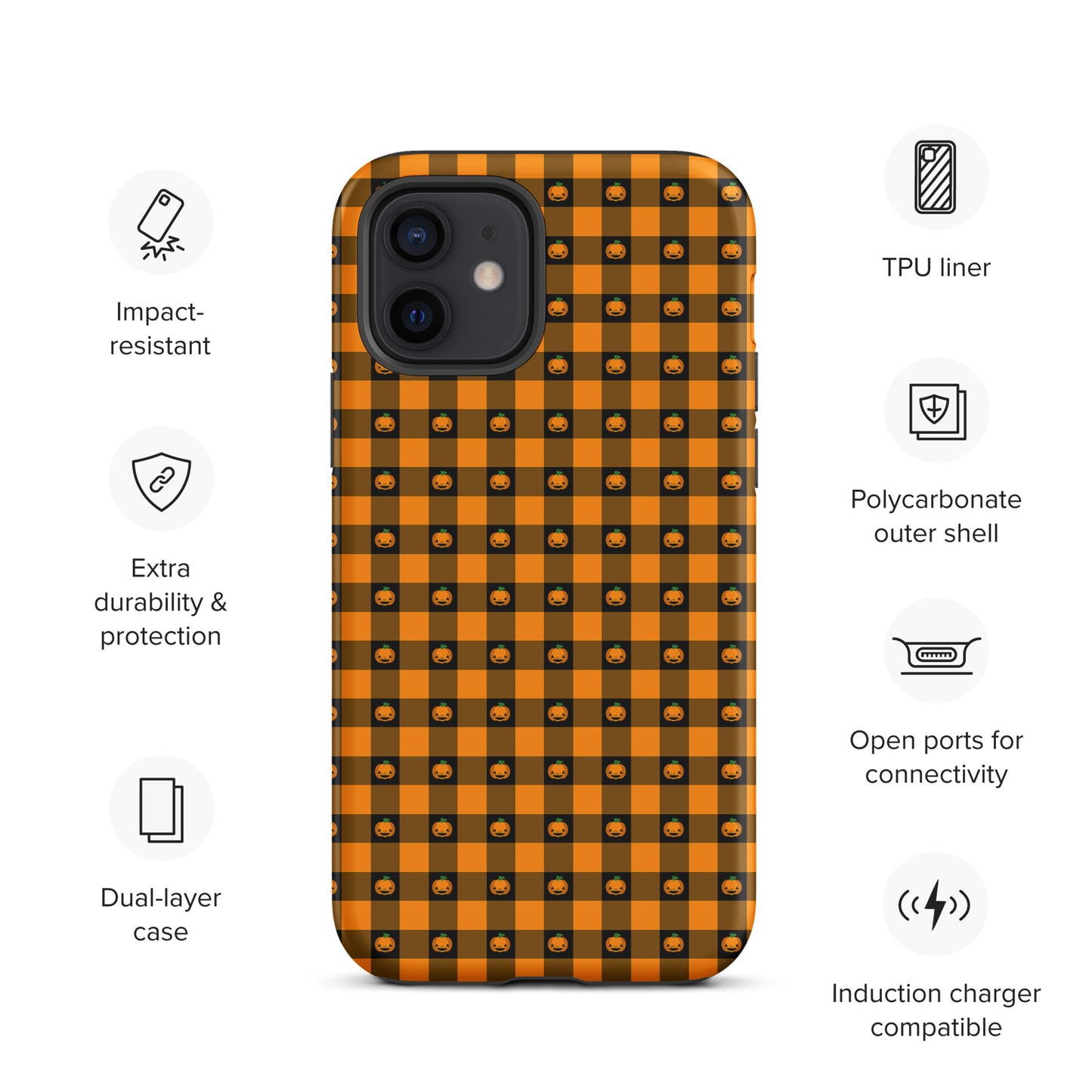 Phone Case for iPhone with playful pumpkin gingham Halloween design, dual-layer for extra durability and protection.