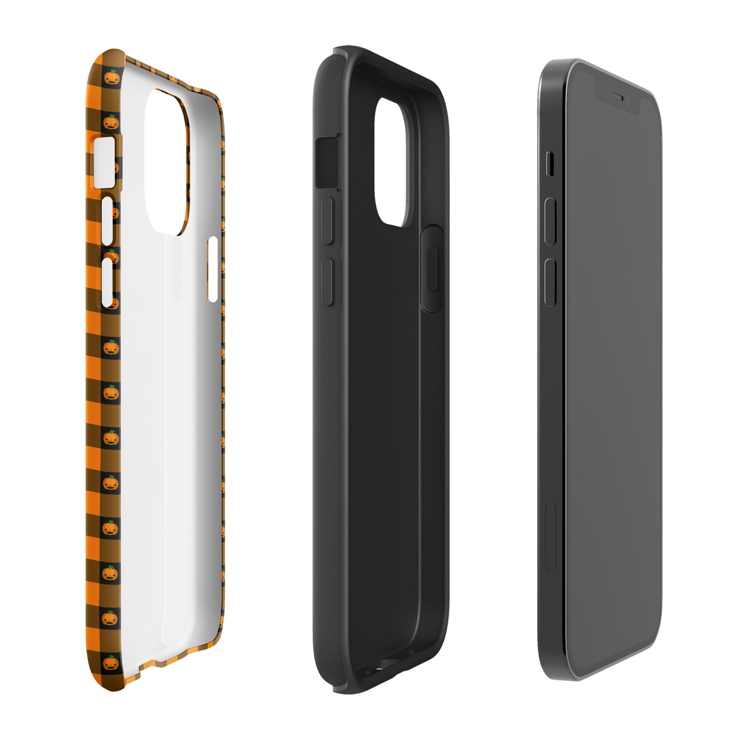 Phone Case for iPhone with playful pumpkin gingham Halloween design showcasing three views of the case.