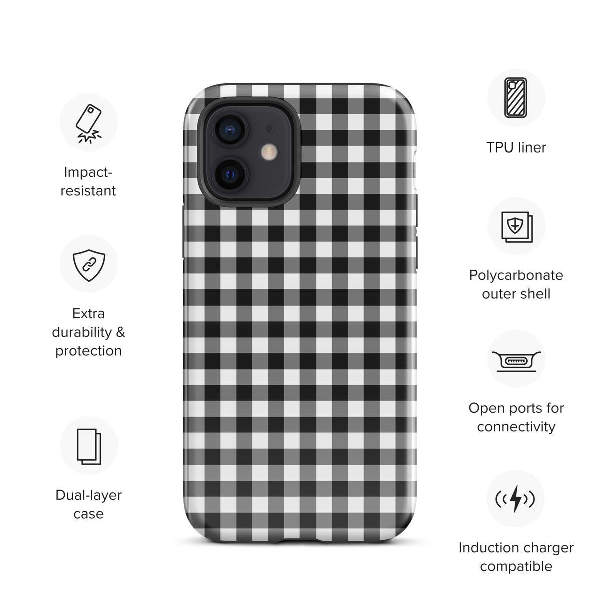 Phone Case for iPhone with black and white gingham pattern, featuring impact resistance and dual-layer design for extra protection.