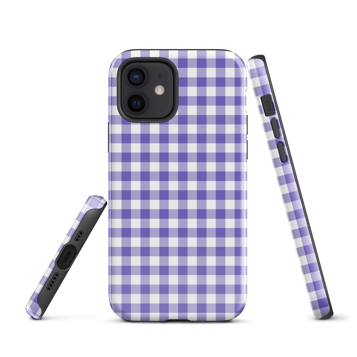 Phone Case with purple and white gingham pattern for iPhone, offering chic style and durable protection.