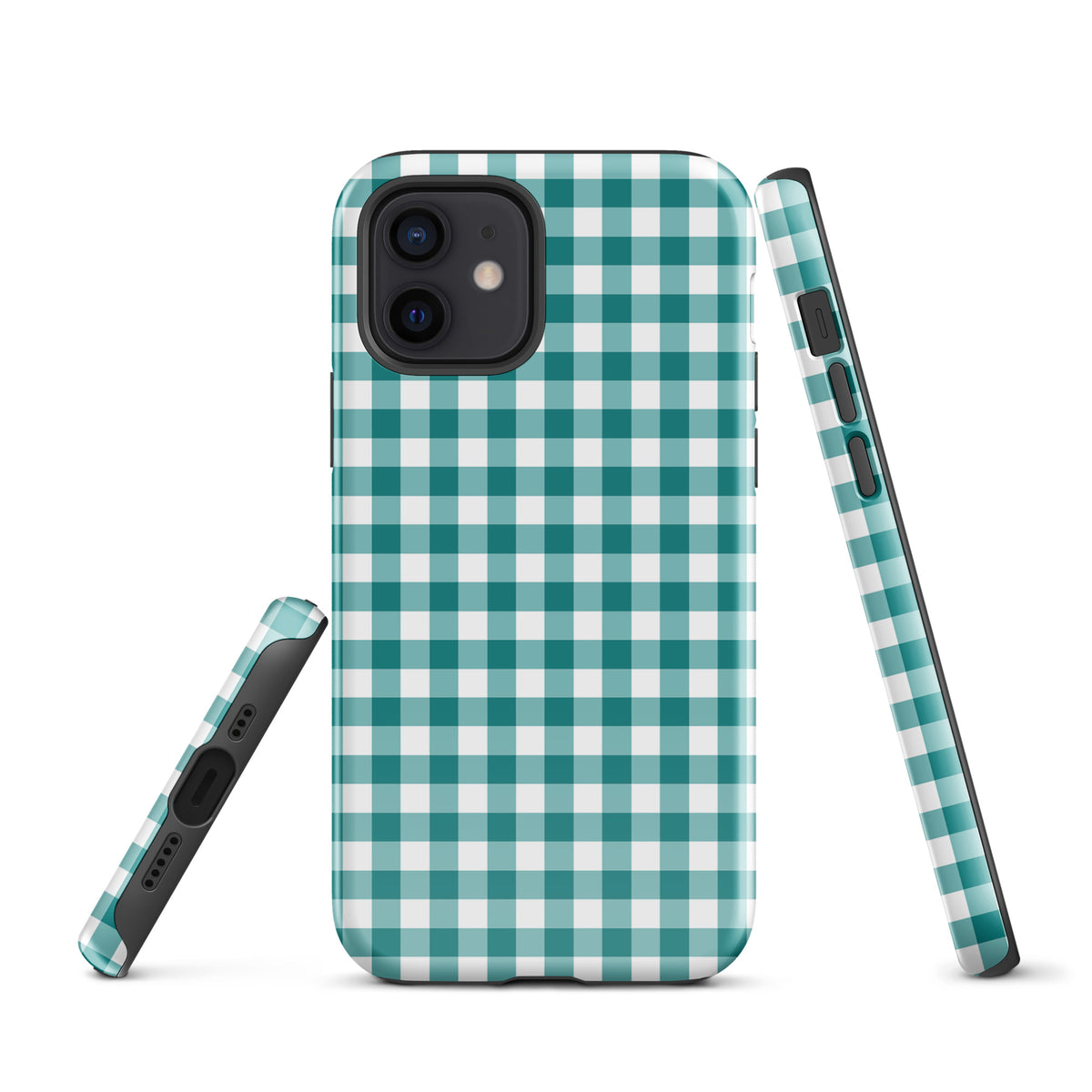 Phone Case with teal and white gingham pattern for iPhone, offering chic style and durable protection.